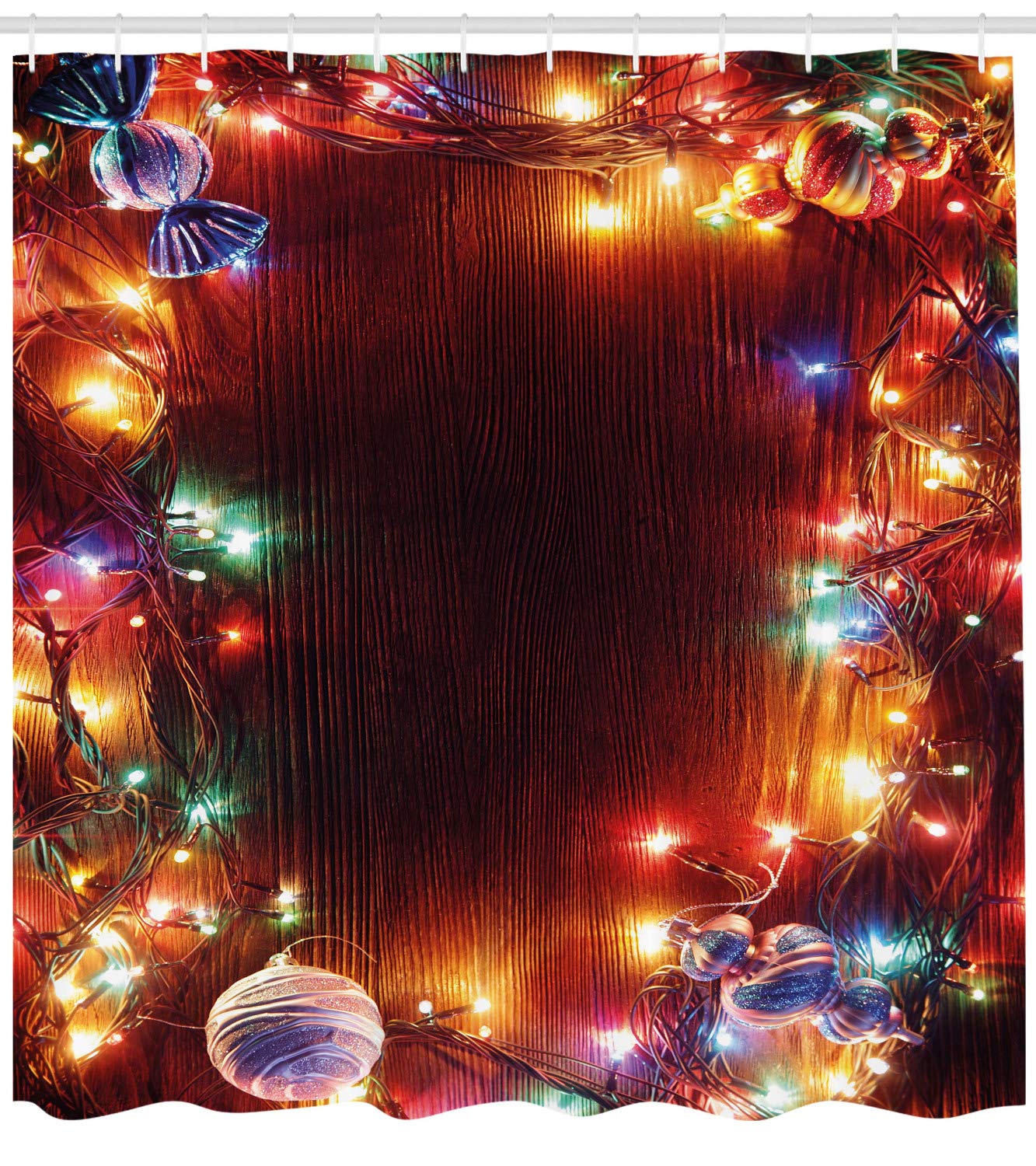 Ambesonne Christmas Shower Curtain - Grunge Hipster Tinsel Winter Themed Ornament Print on Wooden Seam Design, 105