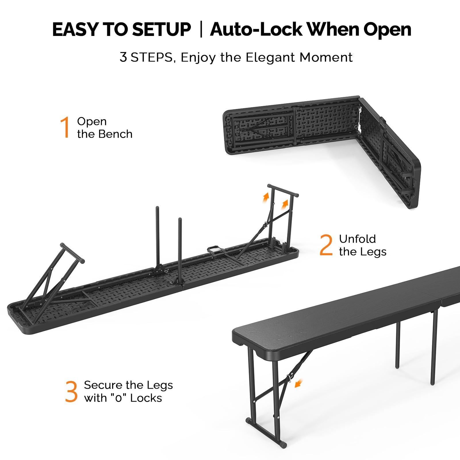 VINGLI 6ft Plastic Folding Bench - Portable Indoor/Outdoor Picnic, Camping, Dining & Garden Seat - Multipurpose HDPE Tabletop with Tree Pattern - Black (1 Pack) - Perfect for Backyard BBQs, Park Outings & Tailgate Parties