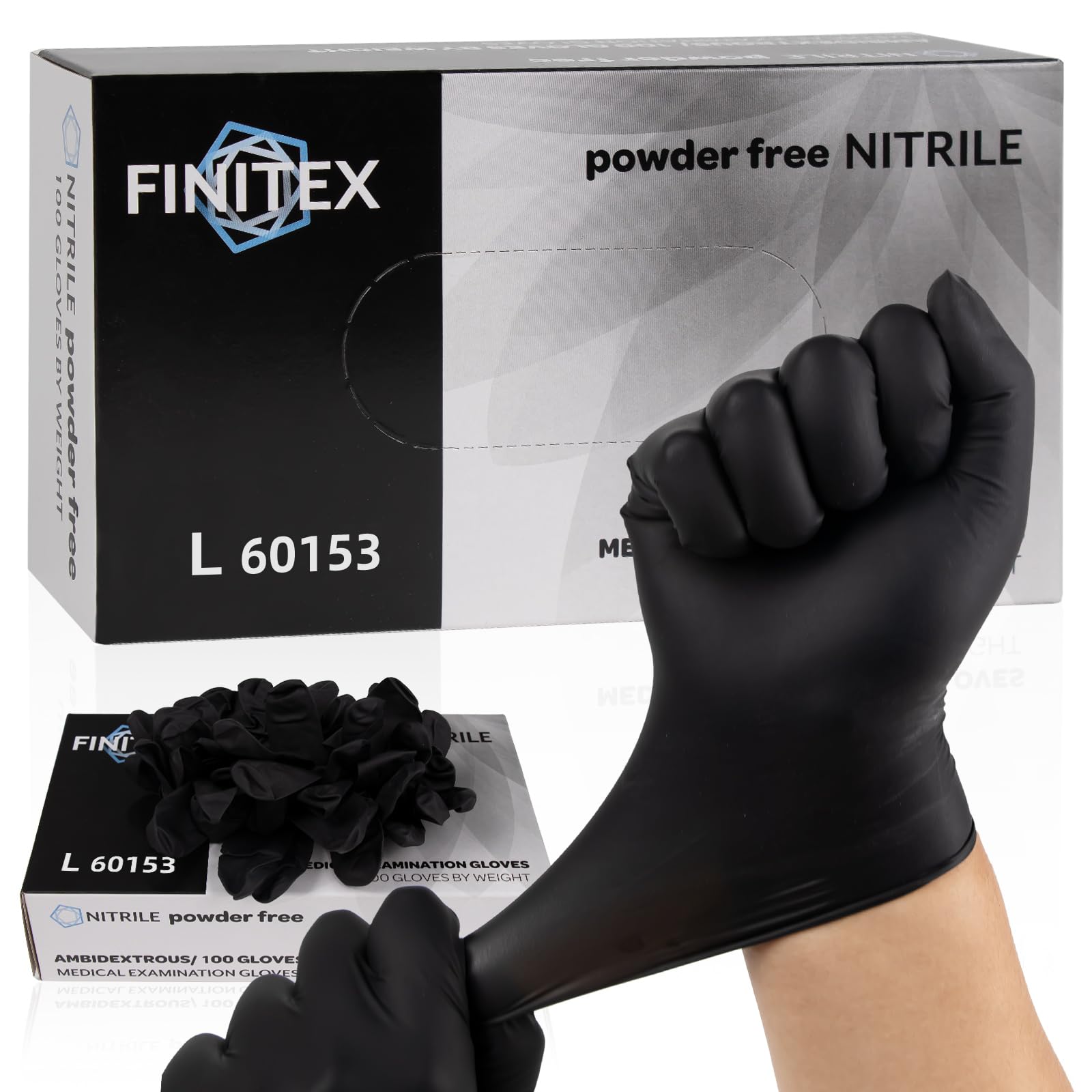 FINITEX Black Nitrile Disposable Gloves - Latex-Free, Powder-Free, 3.5mil Thickness (100 Pack) - Ideal for Medical Exams, Food Handling, Cleaning & Household Use