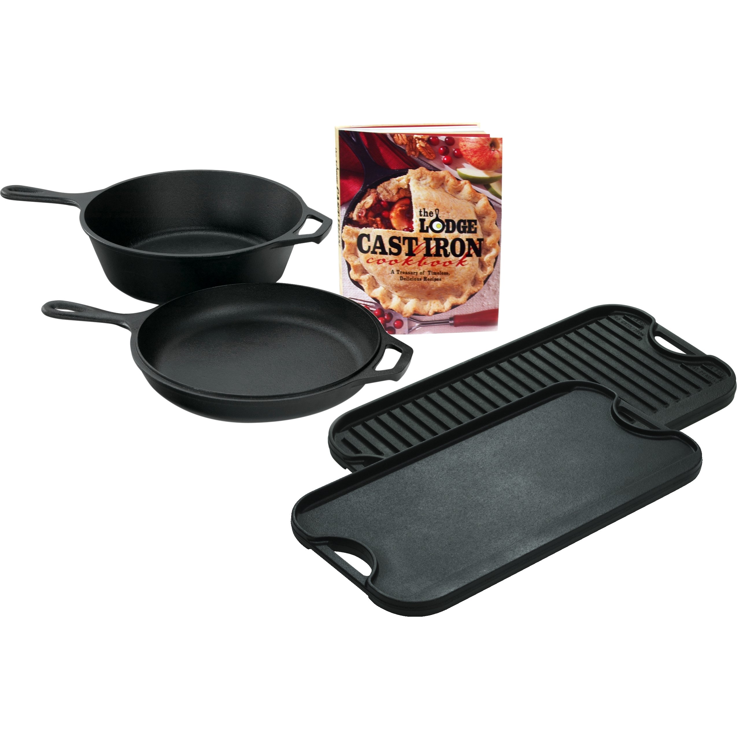 Lodge Logic 3-Piece Pre-Seasoned Cast Iron Cookware Set with Free Cookbook - Perfect for Camping, Grilling & Dutch Oven Cooking