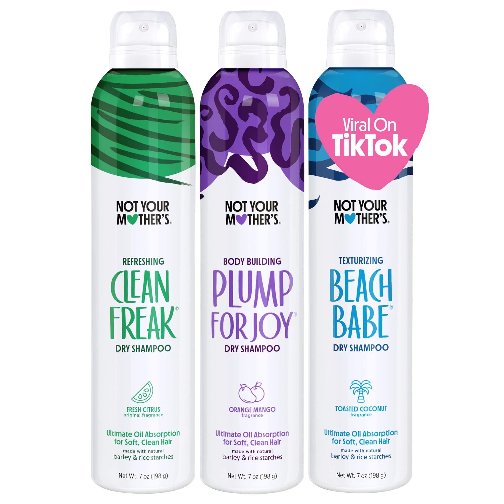 Not Your Mother's Dry Shampoo Assortment (3-Pack) - 7 oz Each - Clean Freak, Plump for Joy & Beach Babe Varieties - Instantly Absorbs Oil & Refreshes Hair - Perfect for Travel, Gym & On-The-Go Styling
