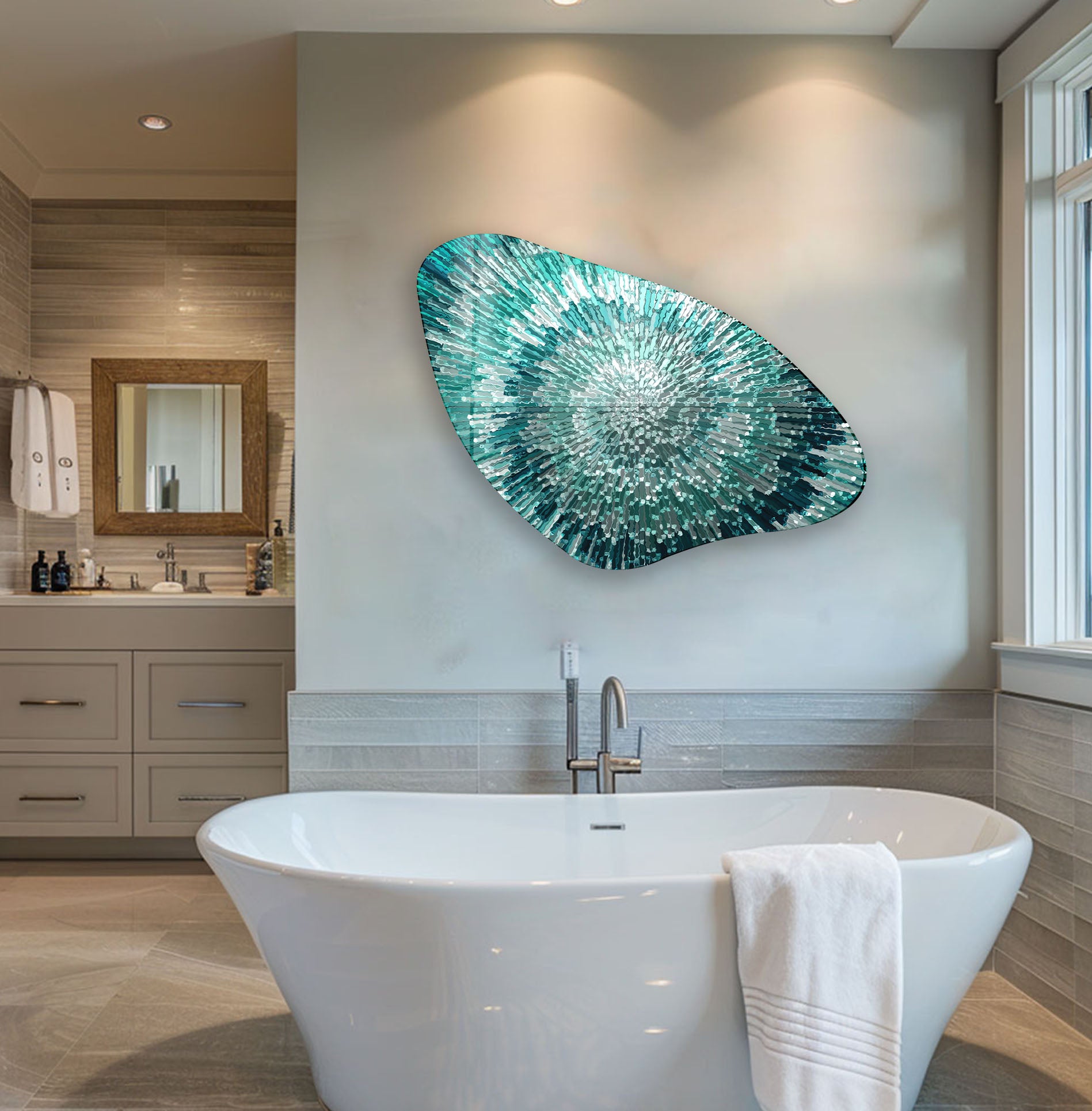 Abstract Turquoise Aesthetic Glass Wall Art - Modern Home Decor for Living Room, Bedroom & Office - Handmade Blue Ocean Inspired Glass Panel for Unique Wall Design