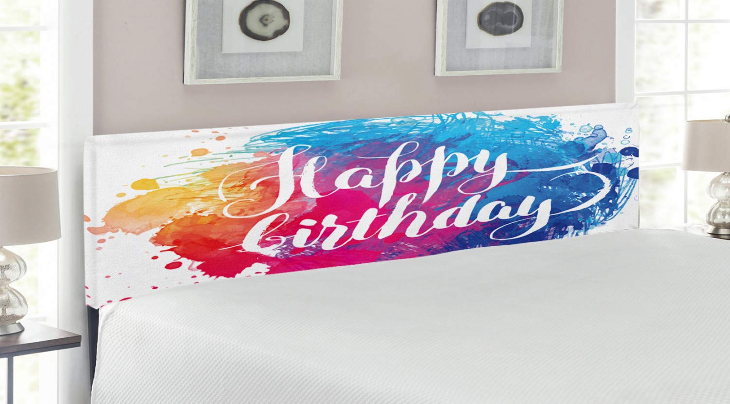 Ambesonne King Size Upholstered Headboard with Watercolor Splash Painting & Birthday Message - Decorative Metal Bed Frame with Memory Foam for Bedroom Decor | Perfect Birthday Gift for Adults, Teens & Home Decor