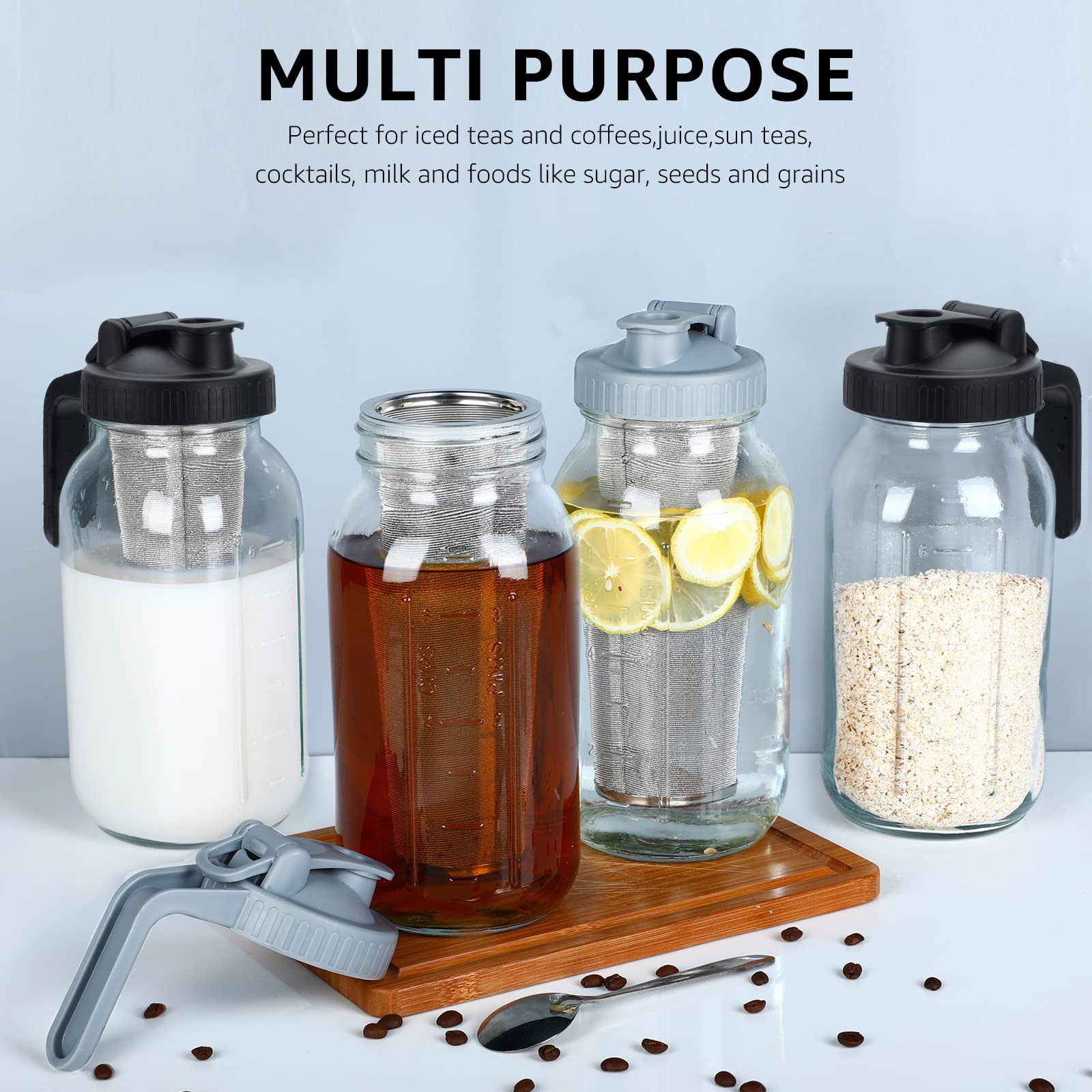 Cold Brew Coffee Maker Pitcher - 64oz Iced Coffee Maker with Stainless Steel Mixing Spoon & Premium Dense Filter | 3-Step Brewing System | BPA-Free Glass Mason Jar with Gray Lid | Easy to Clean & Reusable | Perfect for Home, Office & Outdoor Use