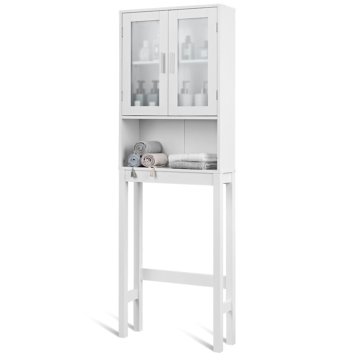 Wooden Over The Toilet Storage Cabinet - Double Door Bathroom Organizer with Adjustable Shelf, Freestanding Space Saver for Bath Essentials - Perfect for Small Bathrooms, Apartments & Powder Rooms