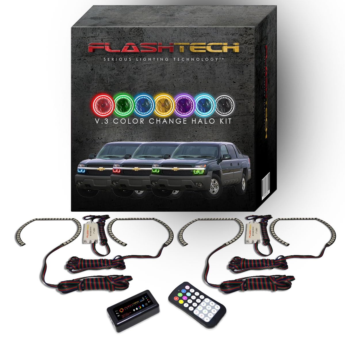 Flashtech LED RGB Multi-Color Halo Ring Headlight Kit with Bluetooth RF Remote & App Control - Compatible with 2003-2006 Chevrolet Avalanche | Custom Car Lighting for Night Driving & Car Shows