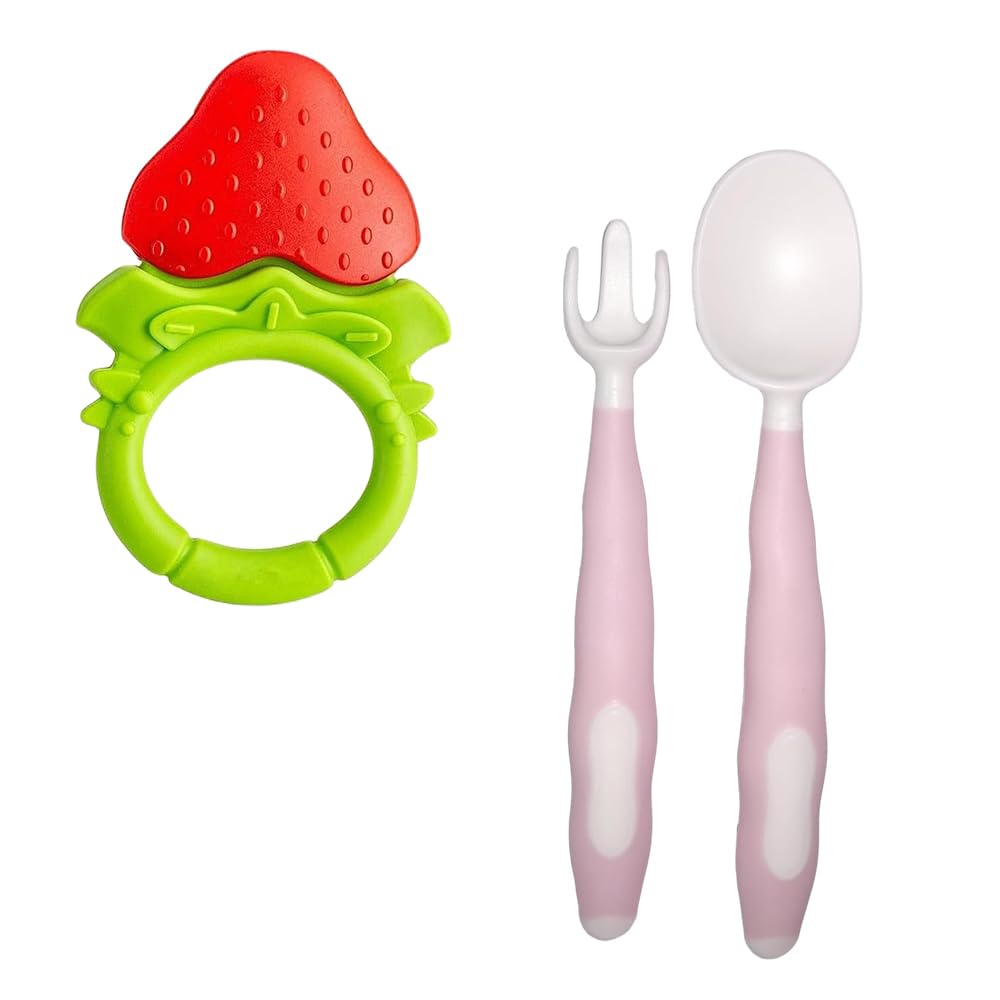 Kritiu BPA-Free Silicone Fruit Teether & Baby Spoon Set - Safe Teething Toy & Feeding Utensils for Infants 6+ Months (Red & Pink) - Perfect for Soothing Sore Gums & Introducing First Foods
