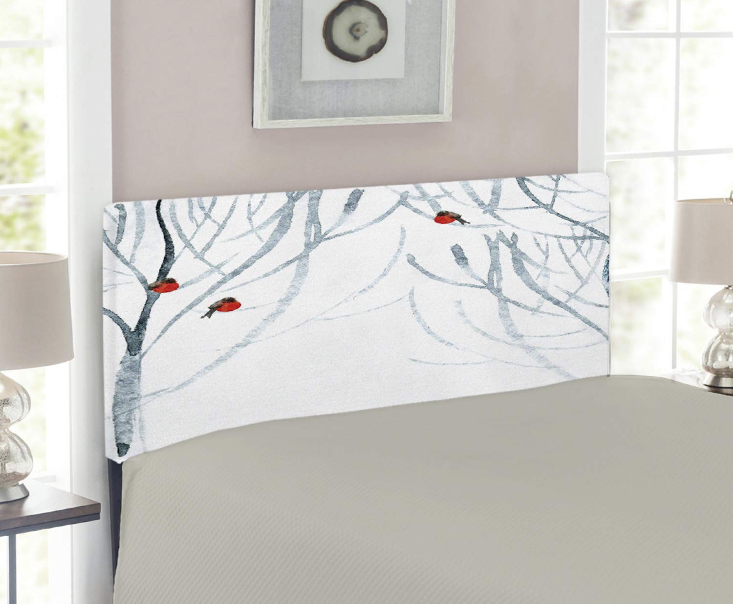 Ambesonne Modern Upholstered Headboard with Memory Foam - Winter Woods & Bullfinches Watercolor Print - Twin Size Pale Grey White - Perfect for Bedroom Decor & Cozy Winter Themes