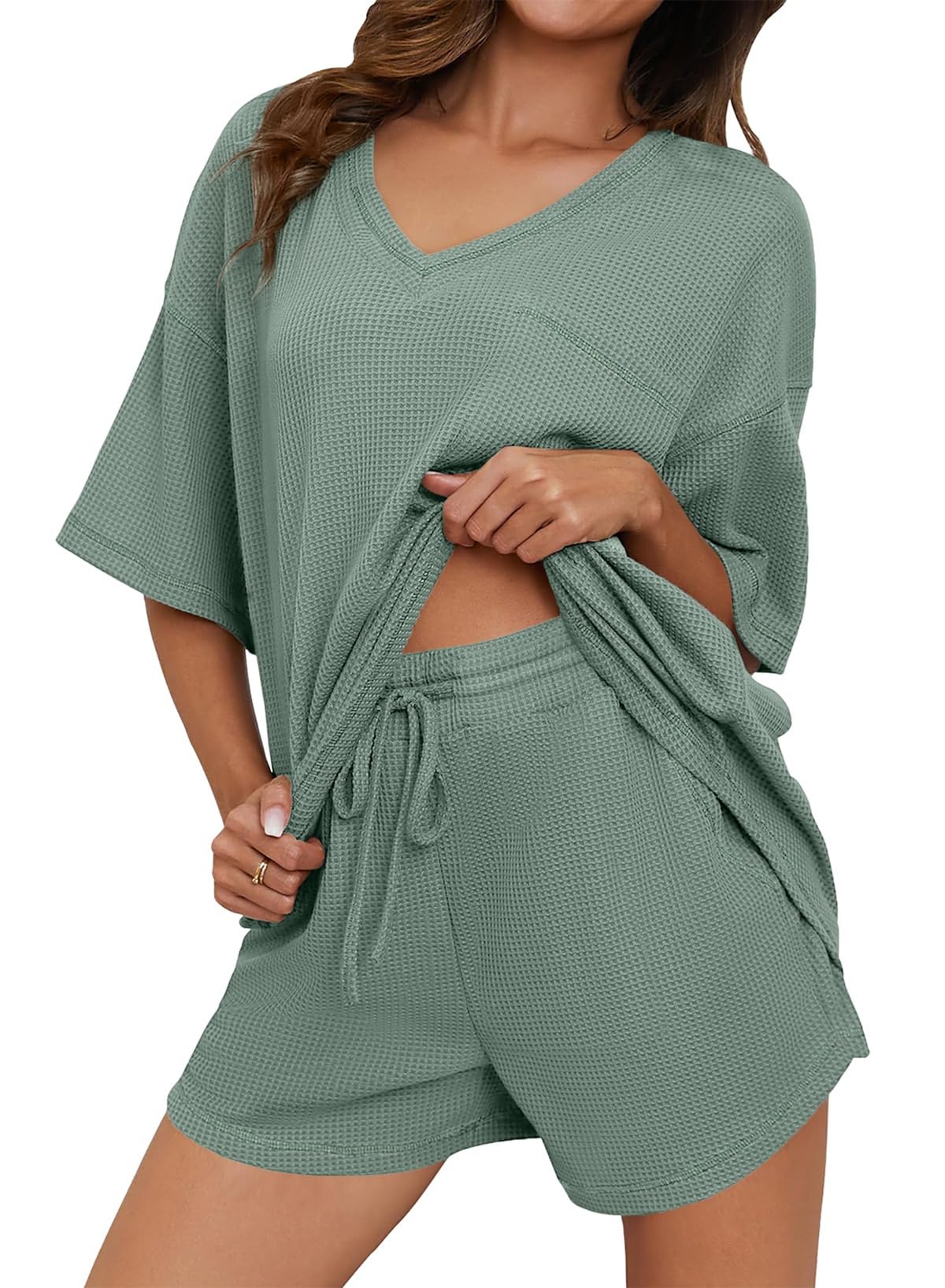 Dokotoo Women's 2 Piece Loungewear Set - Casual Short Sleeve Top & Drawstring Shorts Waffle Knit PJ Set | Comfy Sleepwear, Home Outfit & Lounge Wear for Women
