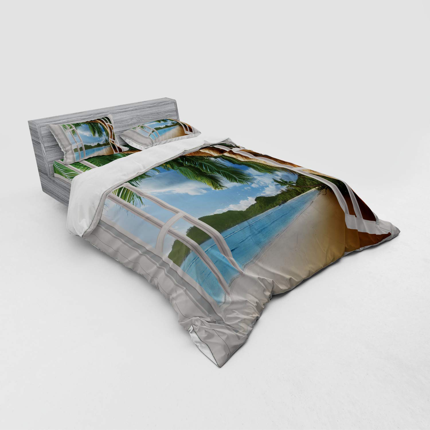Ambesonne Nautical Beach Duvet Cover Set - Queen Size 4-Piece Bedding with Palm Tree Photo Print, Shams & Fitted Sheet in Green Ivory Blue - Perfect for Coastal Themed Bedrooms & Vacation Home Decor