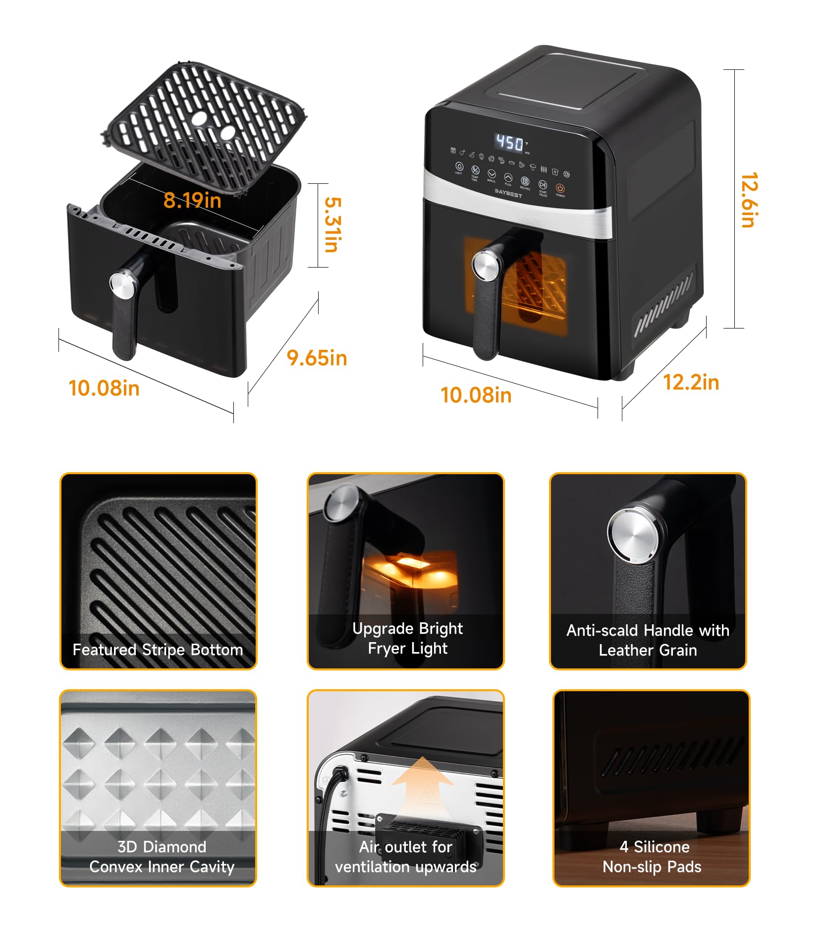 **DAYBEST 1700W 6L Ceramic Coated Air Fryer with Top & Bottom Heaters – Non-Toxic, Auto Shut-Off, Black Stainless Steel – Perfect for Healthy Frying, Roasting, Baking & Grilling at Home**