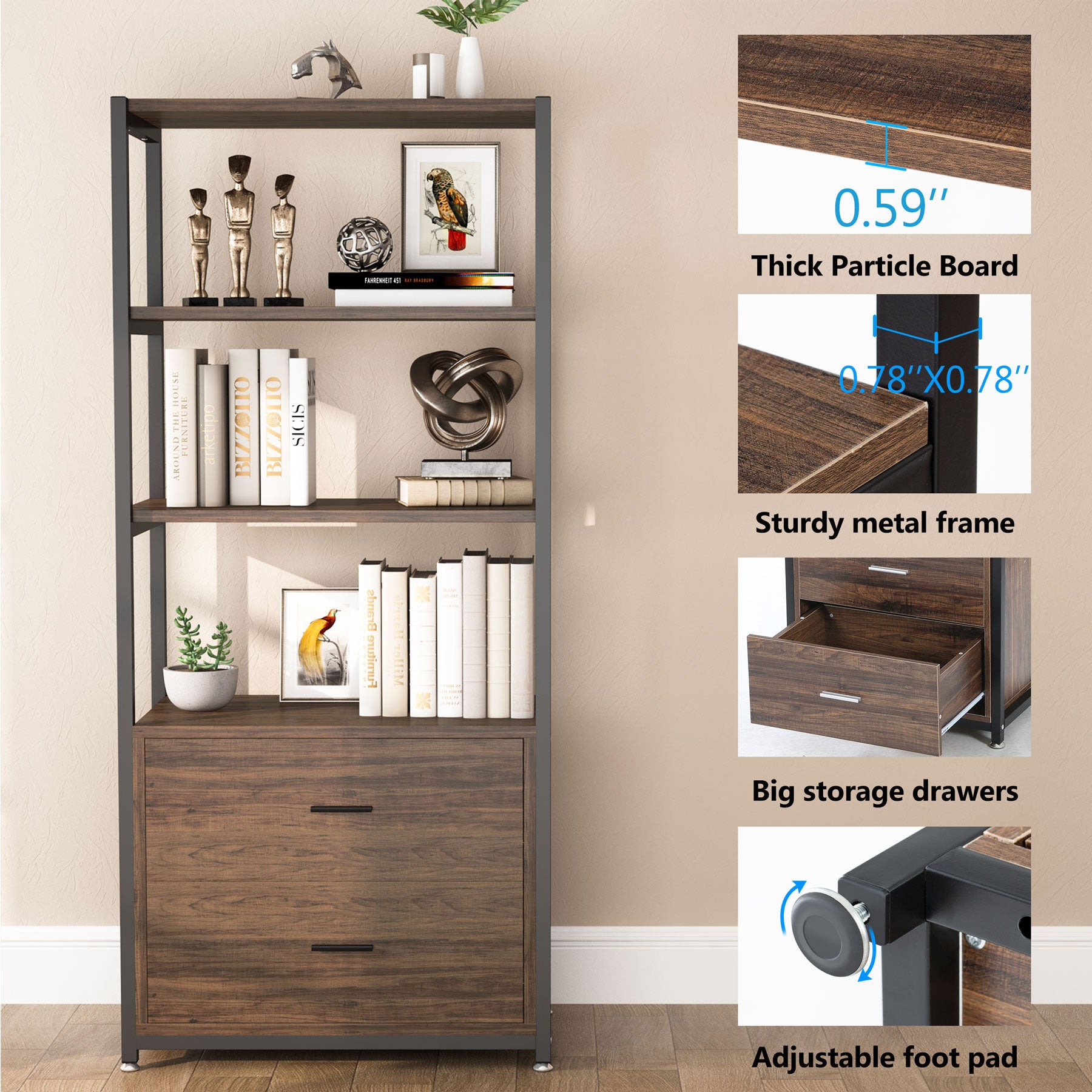 2-Drawer Bookshelf Etagere Bookcase with Open Shelves - Modern Storage Solution for Home Office, Living Room & Bedroom Organization