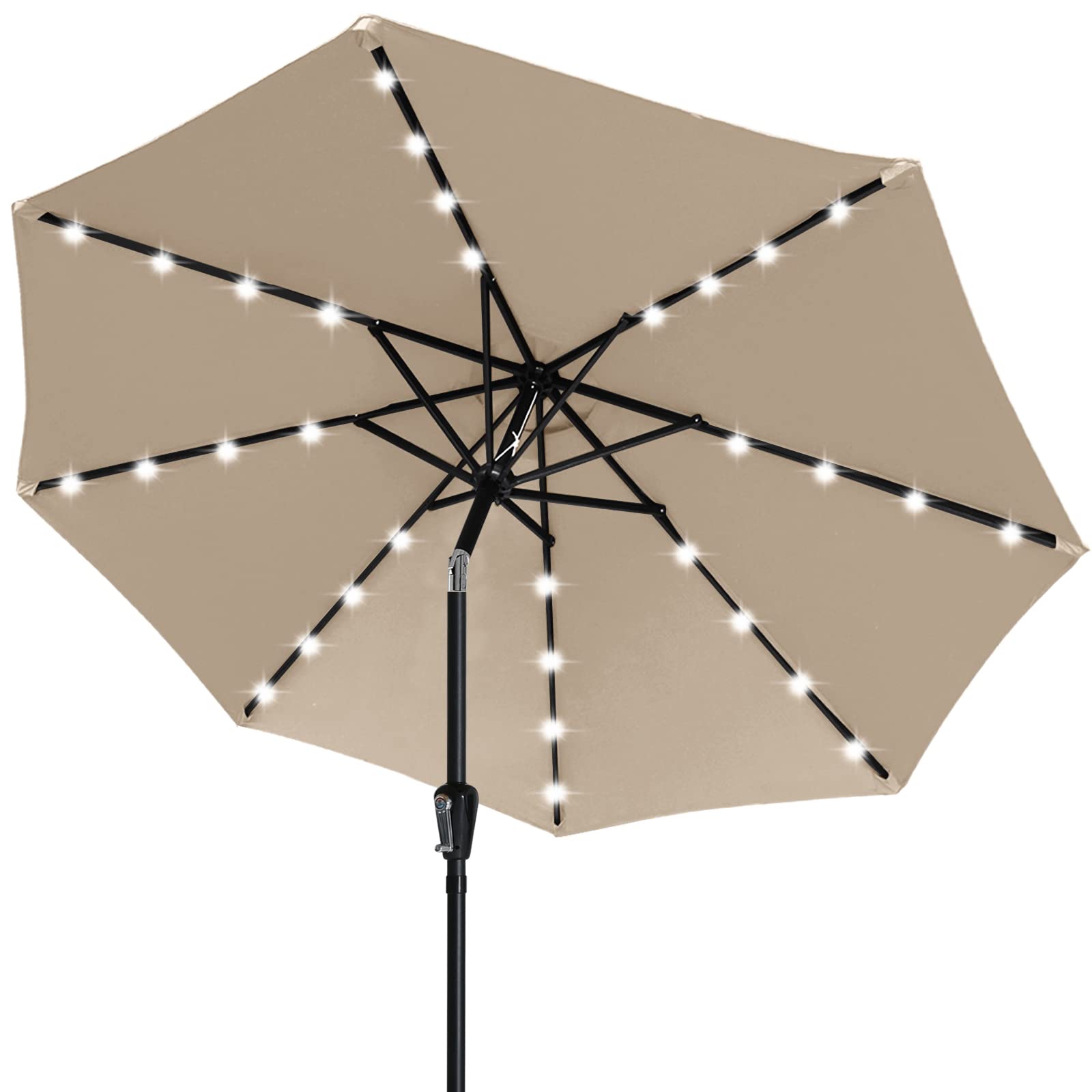 **Durable 7.5FT Solar LED Patio Umbrella with 32 LED Lights - Khaki - Perfect for Outdoor Dining, Poolside Lounging & Backyard Relaxation**