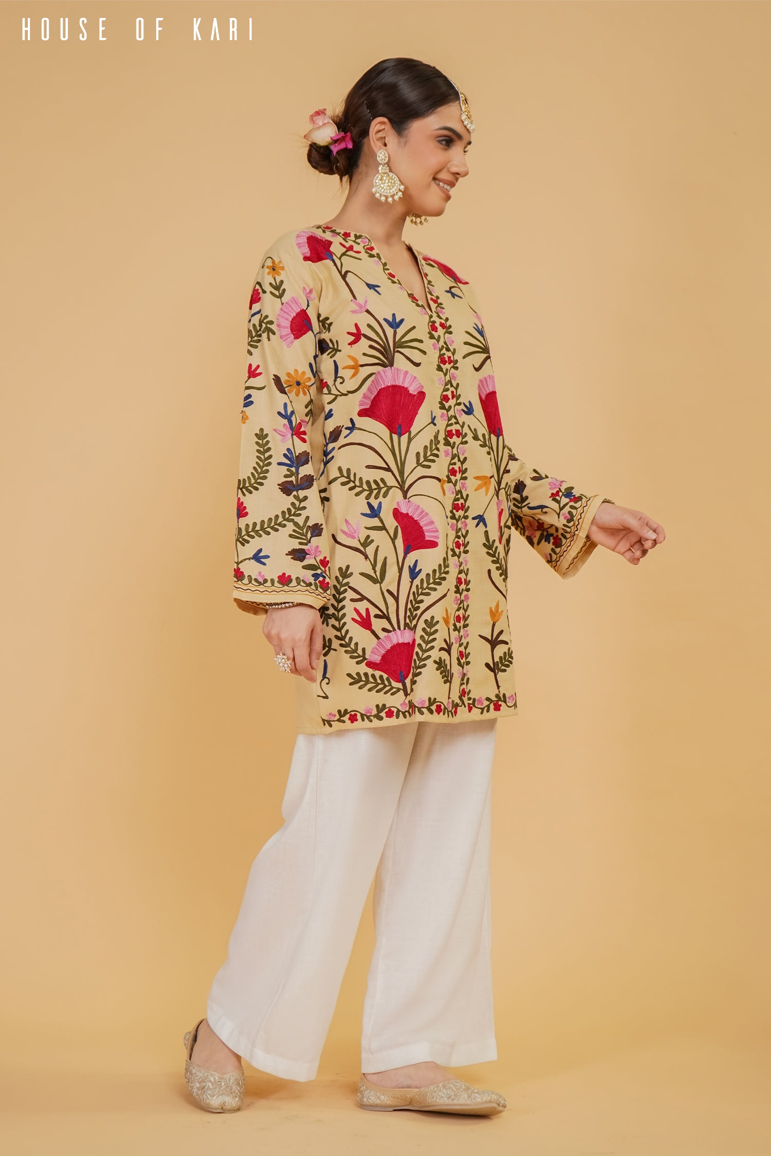 Authentic Kashmiri Aari Work Cotton Kurta Jacket for Women - Beige Ethnic Embroidered Tunic Top | Perfect for Festivals, Weddings & Boho Fashion