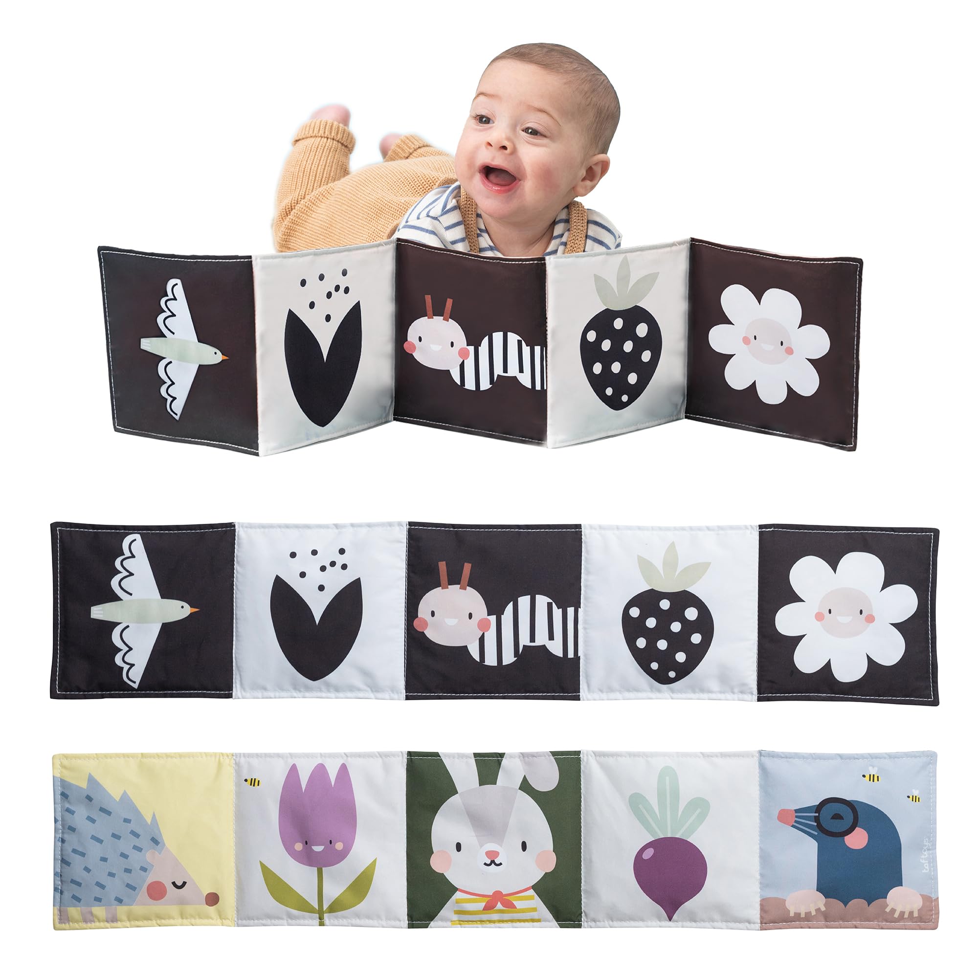 Taf Toys Black & White High Contrast Sensory Book for Babies 0-6 Months - Soft Bunny Pram Book for Newborn Visual Development, Tummy Time, Stroller & Car Seat Toys - Perfect Infant Gift for Early Learning & Sensory Play