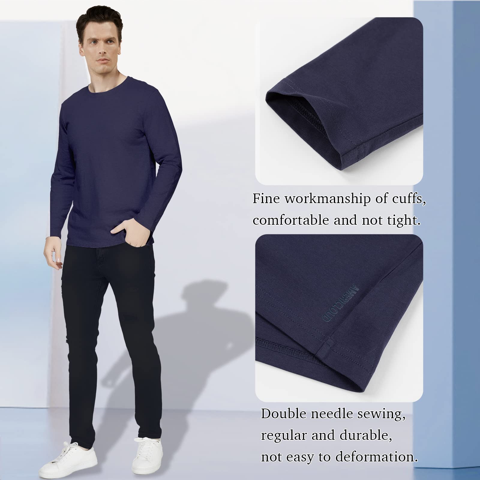 Men's Soft Cotton Long Sleeve T-Shirt - Athletic Crew Neck for Casual Wear