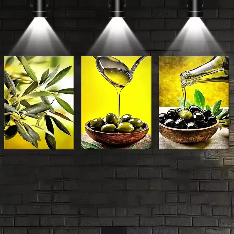 3-Piece Abstract Olive Oil & Greenery Art Set - Framed Canvas Wall Decor 50x70cm | High Quality Print | 100% Australian Made | Ready to Hang | Perfect for Kitchen, Dining Room & Farmhouse Decor
