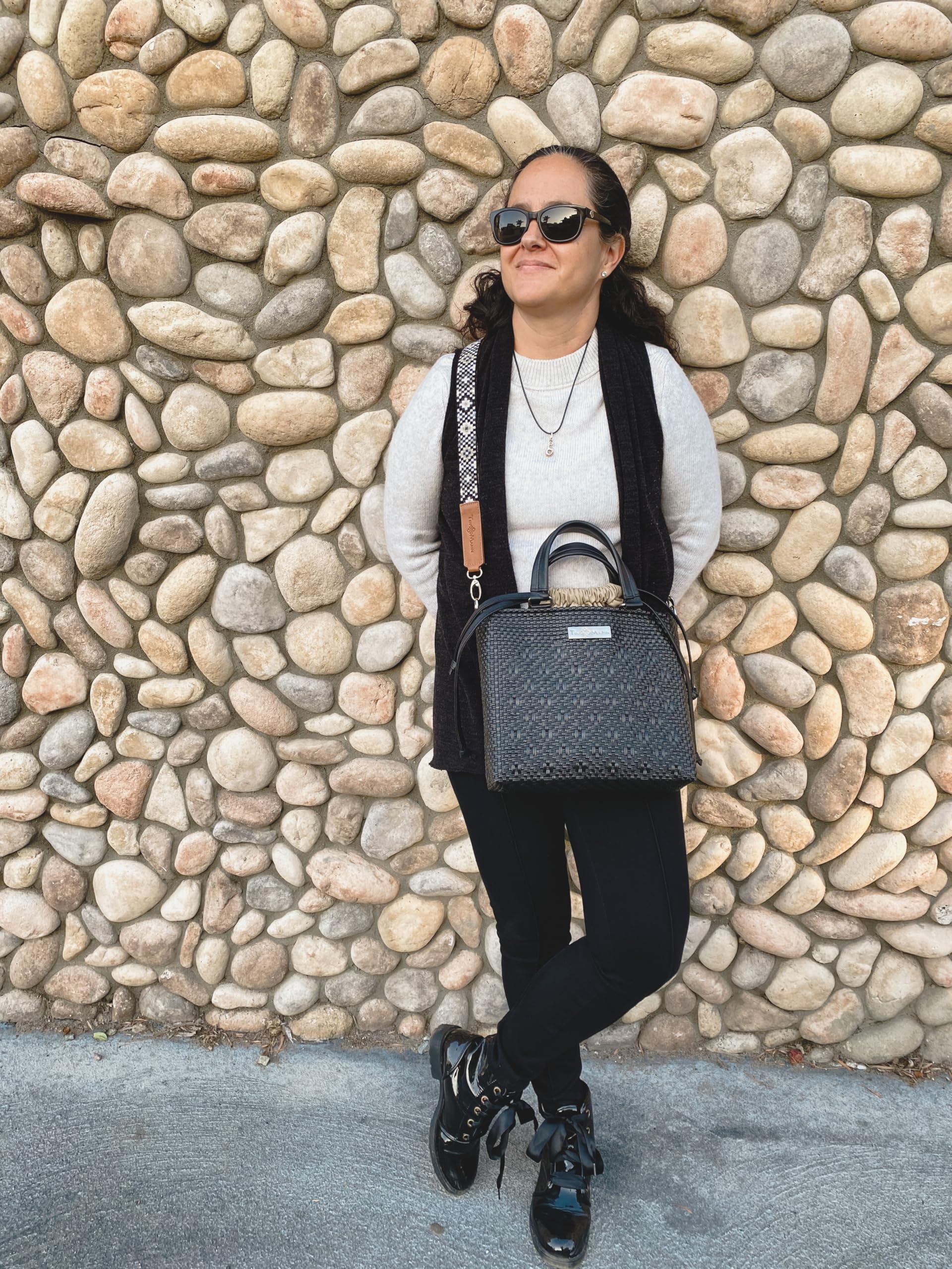 All Black Medium Woven Crossbody Bag with Drawstring - Eco-Friendly Tan Leather & Recycled Plastic Purse | Handcrafted Mexican Oaxacan Artisan Bag | Perfect for Travel, Shopping & Everyday Use