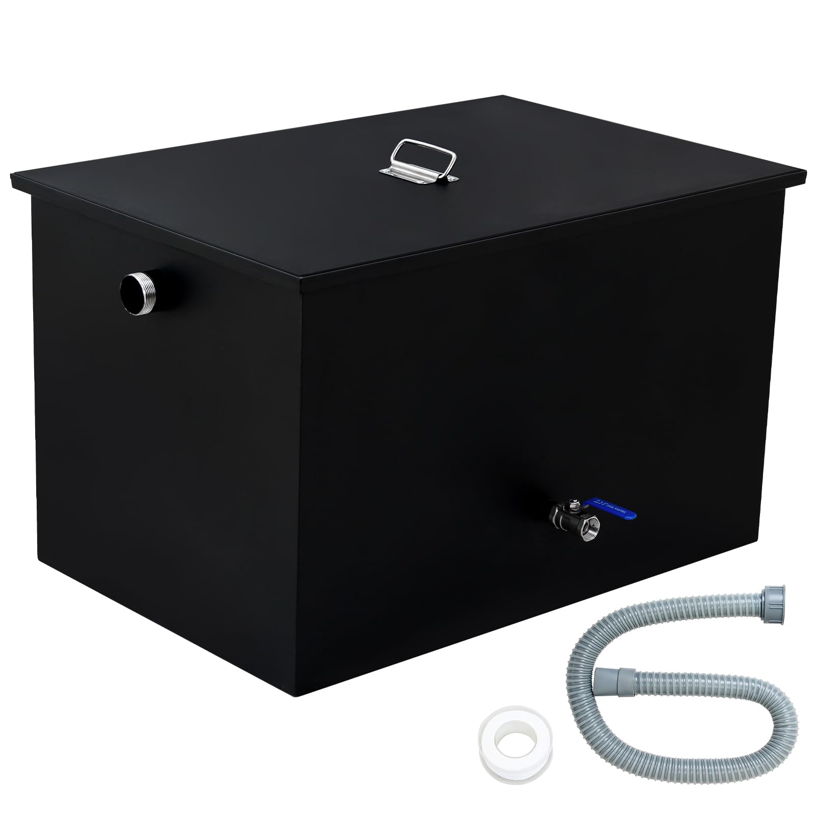 50 LBS Commercial Grease Interceptor - Under Sink Grease Trap with 25 GPM Flow Rate | Coated Carbon Steel Oil-Water Separator with Side Inlet | Rustproof & Durable for Restaurant Kitchen | Perfect for High-Volume Food Service & Commercial Dishwashing Areas - Black