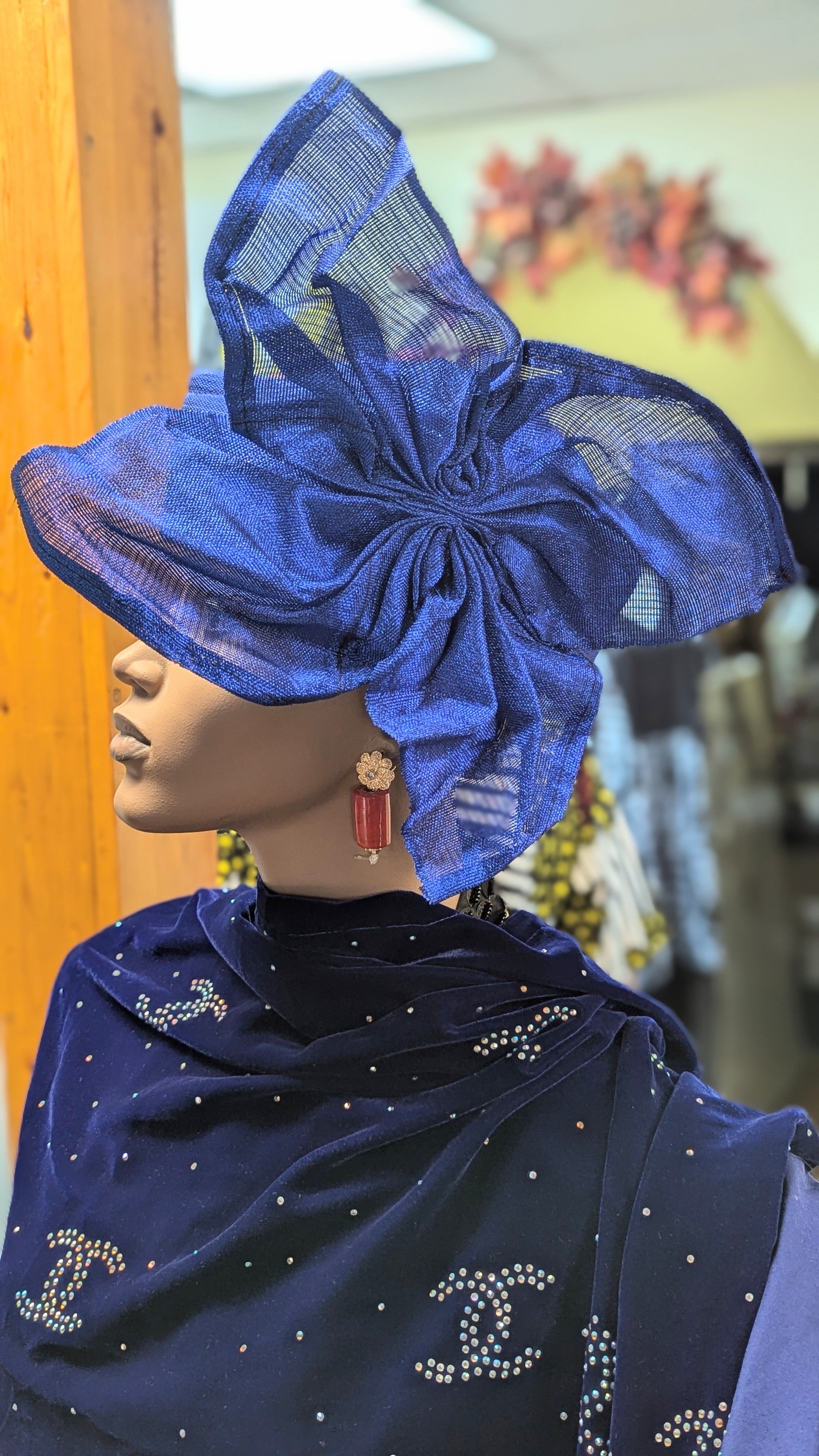 Royal Blue Aso Oke Gele Head Wrap with Large Bow - Elegant African Headpiece for Weddings, Parties & Special Occasions | Dupisie's Exquisite Emotan Collection