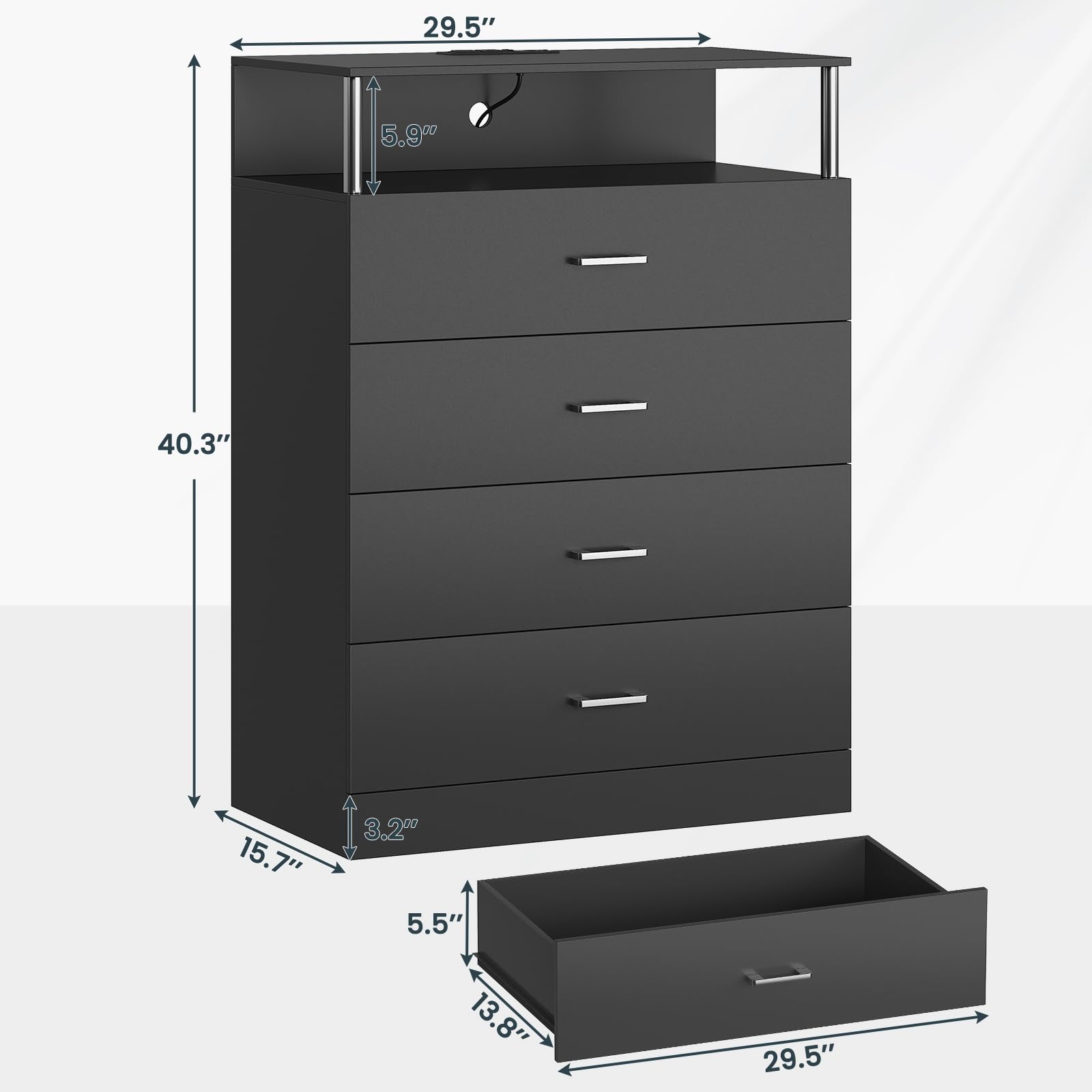 Modern 4-Drawer Tall Black Dresser with Charging Station & Column Design - LED Bedroom Dresser for Closet Organization | Perfect for Small Spaces, Guest Rooms & Master Bedroom Storage