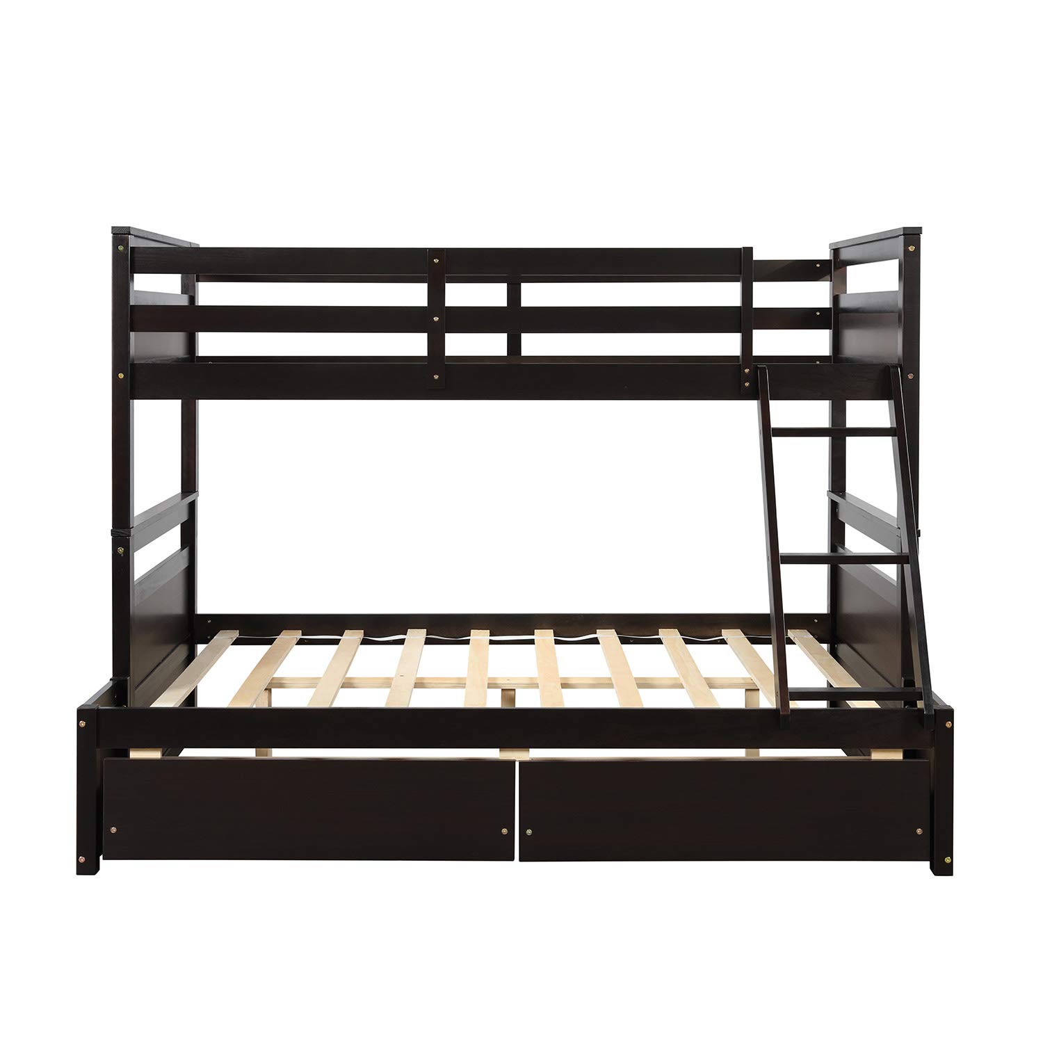 Twin Over Full Bunk Bed with Inclined Ladder & Safety Guardrail - Solid Wood Frame with 2 Storage Drawers, Converts to 2 Separate Beds - Ideal for Kids' Bedroom, Guest Room & Small Spaces (Espresso Finish)