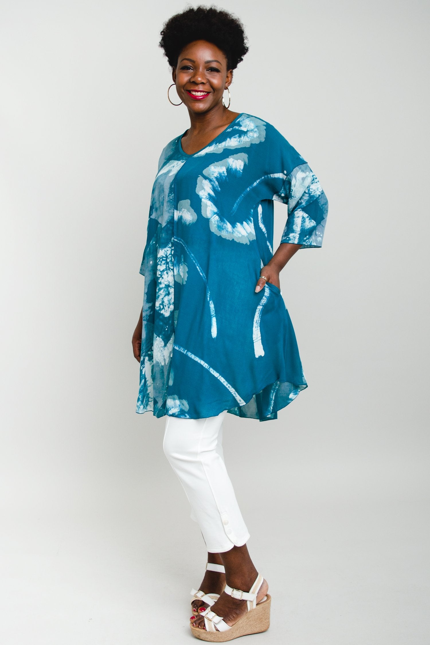 Gayle Top - Teal Mist Batik Art Print Women's Blouse for Casual Wear & Boho Style Outfits