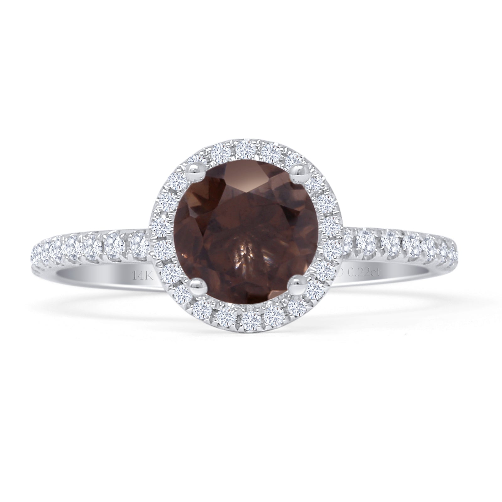 14K White Gold Round Halo Natural Chocolate Smoky Quartz Diamond Ring for Women - Elegant Engagement, Wedding, Anniversary Jewelry Gift