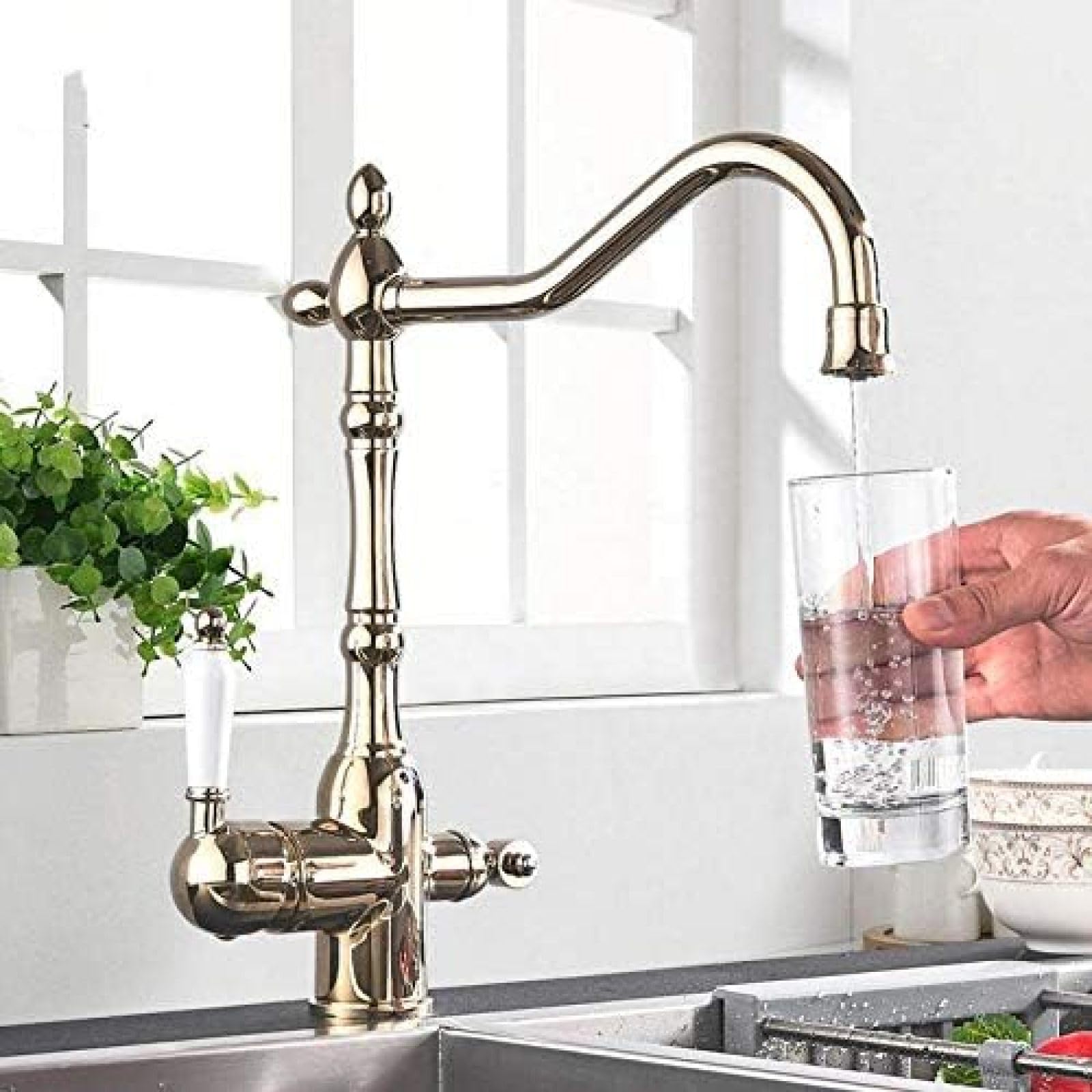 CRJUS Golden Water Filter Kitchen Faucet - 2 Handle Brass Swivel Spout 3-in-1 Purifier for Clean Drinking Water | Perfect for Modern Kitchens & Water Purification Systems
