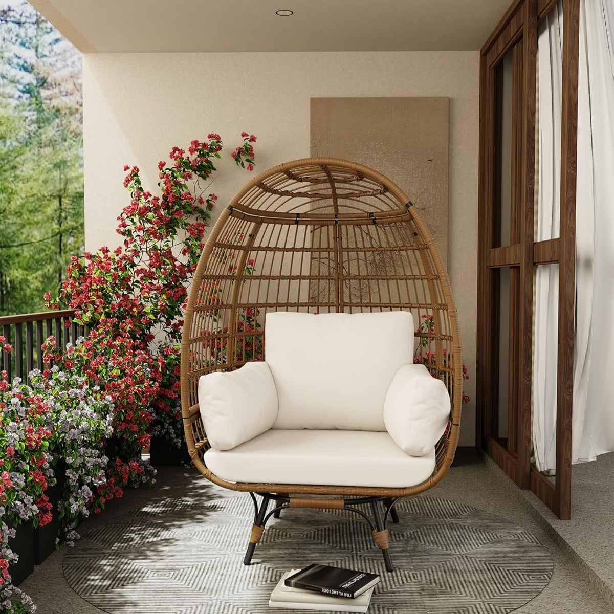 GARVEE 360° Swivel Egg Chair - Oversized Rotating PE Wicker Patio Lounge Chair with Steel Frame & Waterproof Design for Indoor Outdoor Use - Perfect for Garden, Balcony, Poolside & Living Room Relaxation (Beige)