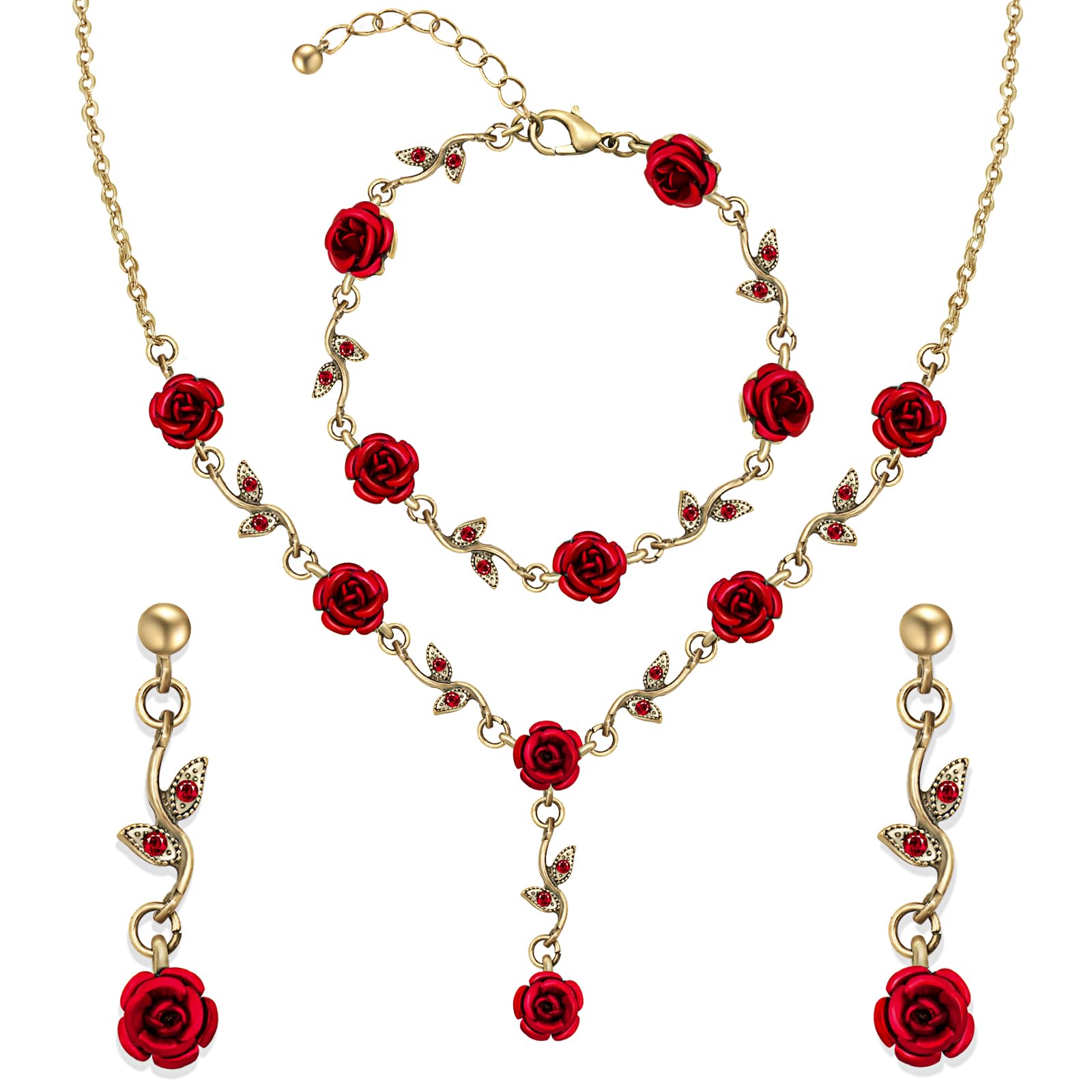 3Pcs Rose Red Jewelry Set - Flower Necklace, Dangle Earrings & Bracelet for Women | Rose Gold Bridal Jewelry for Wedding, Prom, Party & Special Occasions | Elegant Gift for Bride, Girlfriend & Loved Ones