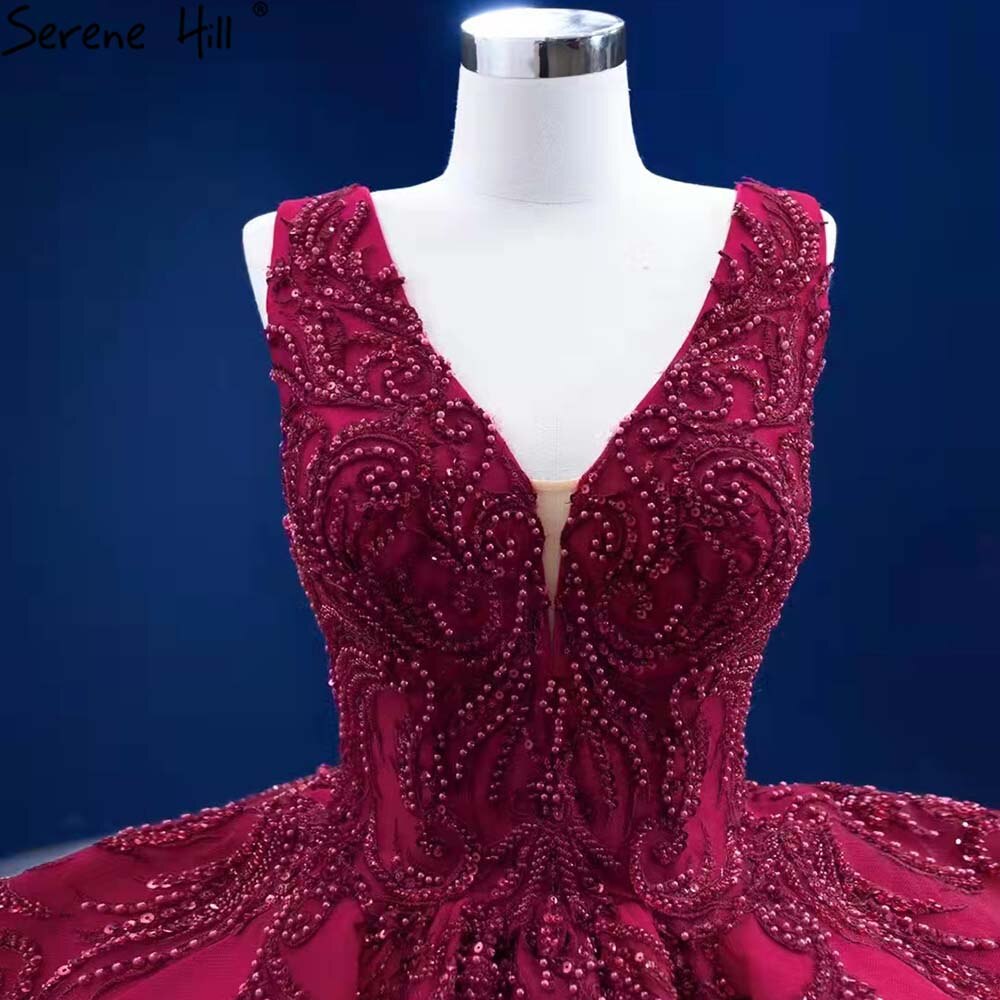 Serene Hill 2025 Rose Red Ruffles Beaded V-Neck Luxury Wedding Dress - Custom Made Bride Gown HM67376 for Romantic Ceremonies & Formal Events