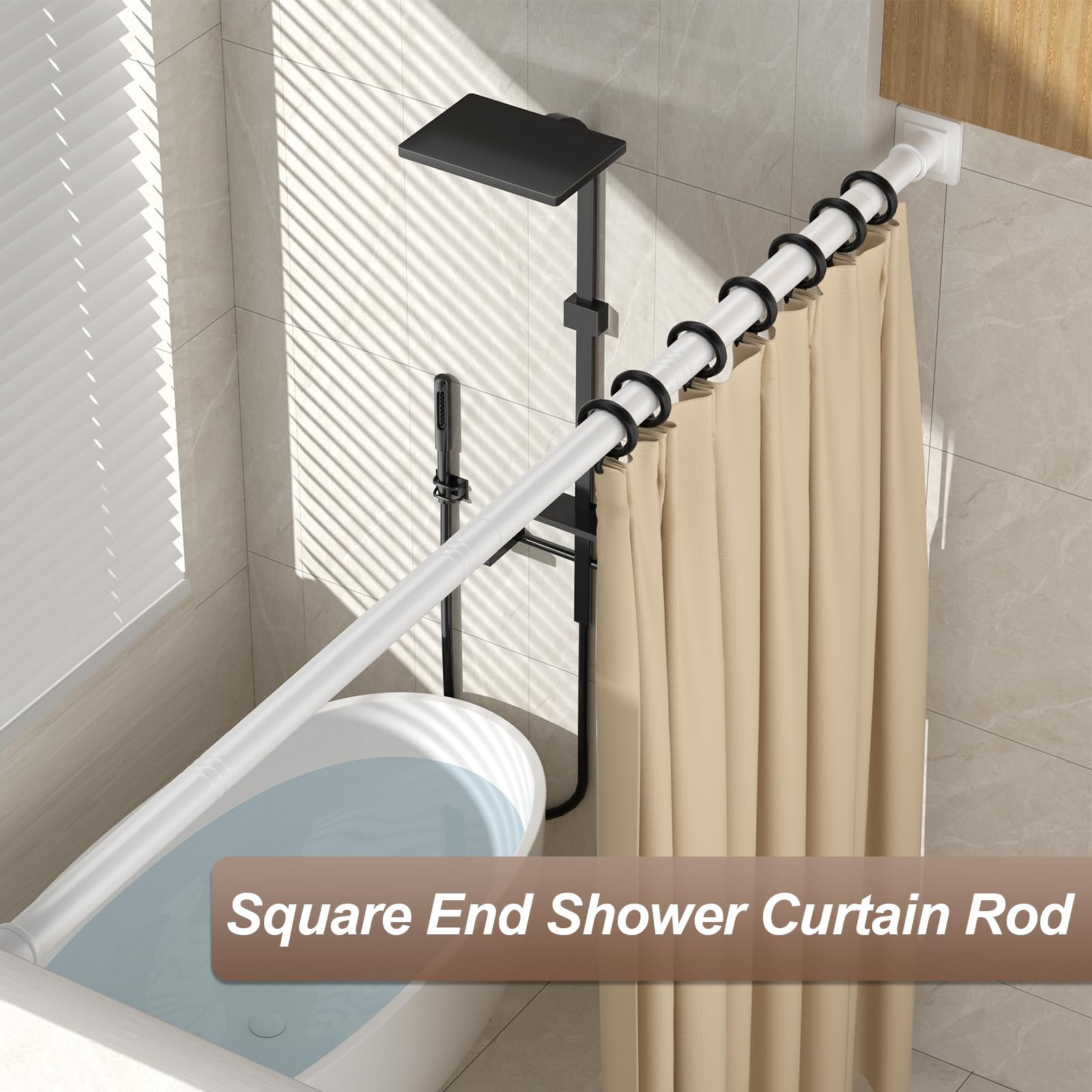 Adjustable Stainless Steel Shower Curtain Rod 32-80 Inch - No Drill Tension Rod for Bathroom, RV, Closet - Square End Design (White) - Perfect for Small Spaces & Travel