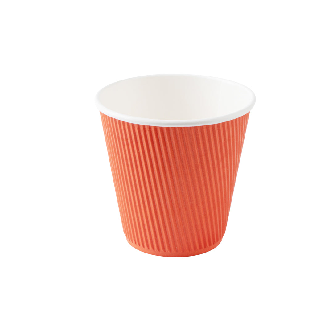 8 oz Tangerine Orange Ripple Wall Paper Coffee Cups with White Lids - 3.5
