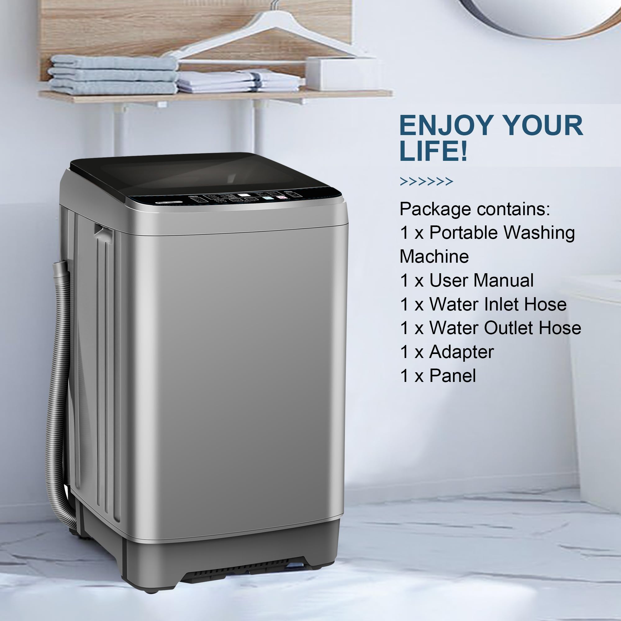 Portable Washing Machine 25 lbs - Full Automatic Compact Washer with 10 Wash Programs & 8 Water Levels - Low Noise Laundry Machine with LED Display - Perfect for Apartments, RVs, Camping & Small Spaces (Grey)