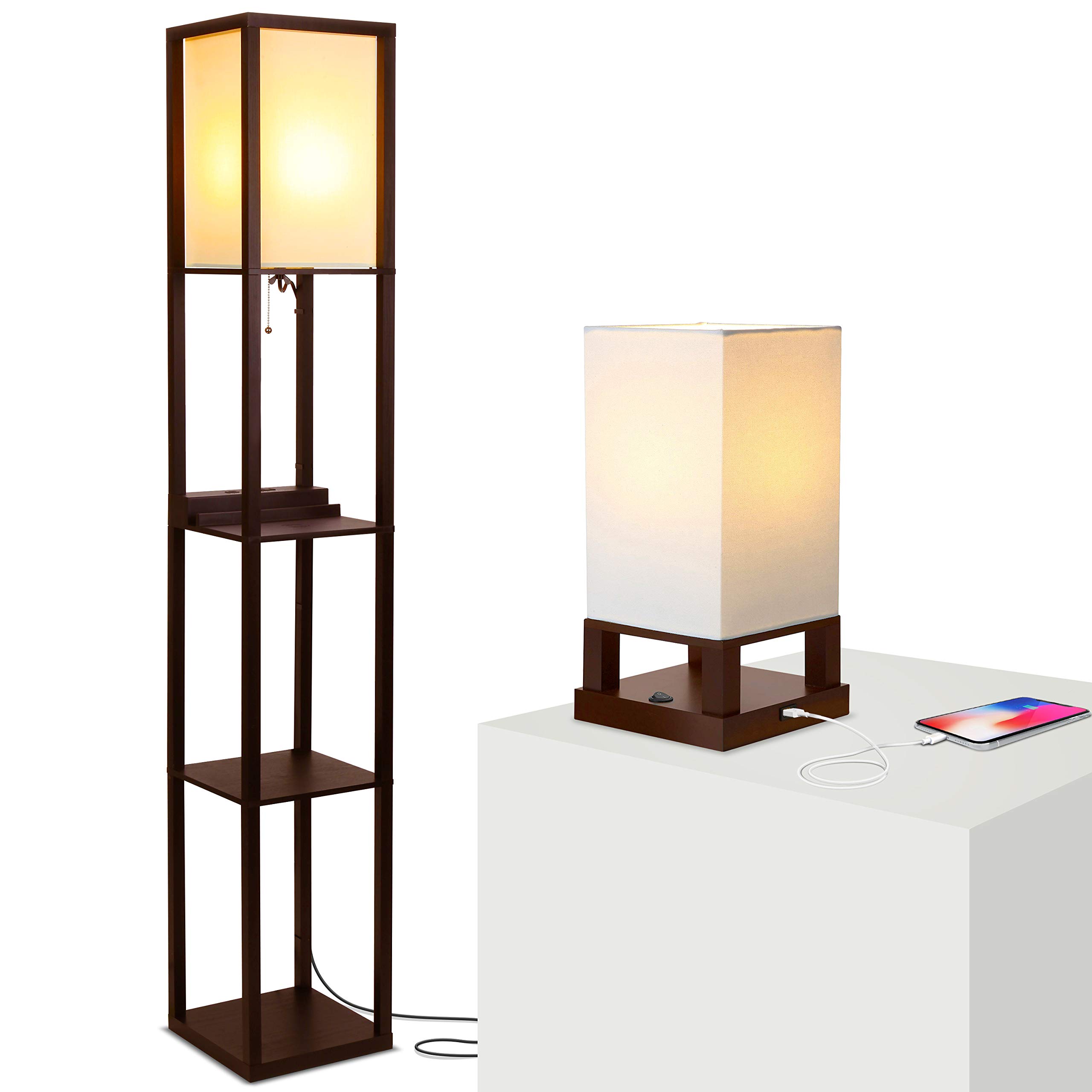 Brightech Maxwell Modern LED Floor & Table Lamp Set of 2 with USB Ports - Wooden Frame Nightstand & Side Table Lamps - Warm Ambient Lighting for Bedroom, Living Room, Office - Energy Efficient LED Bulbs Included - Brown Home Decor Lighting Set