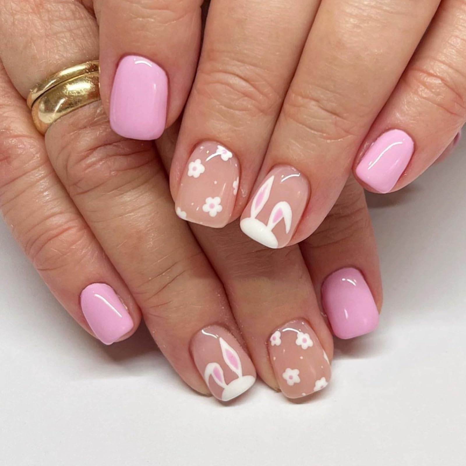 Easter Short Square Press on Nails - 24Pcs Pink Acrylic Fake Nails with Cute Rabbit & Flower Designs, Full Cover Stick on False Nails for Women | Perfect for Easter Parties, Spring Events & Daily Wear