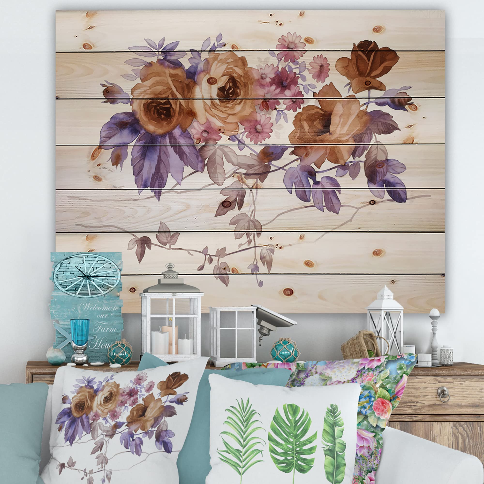 DesignQ Purple Wildflowers Traditional Wood Wall Decor - Large Floral Wall Art Panel Printed on Natural Pine Wood - Perfect for Living Room, Bedroom & Home Office Decoration