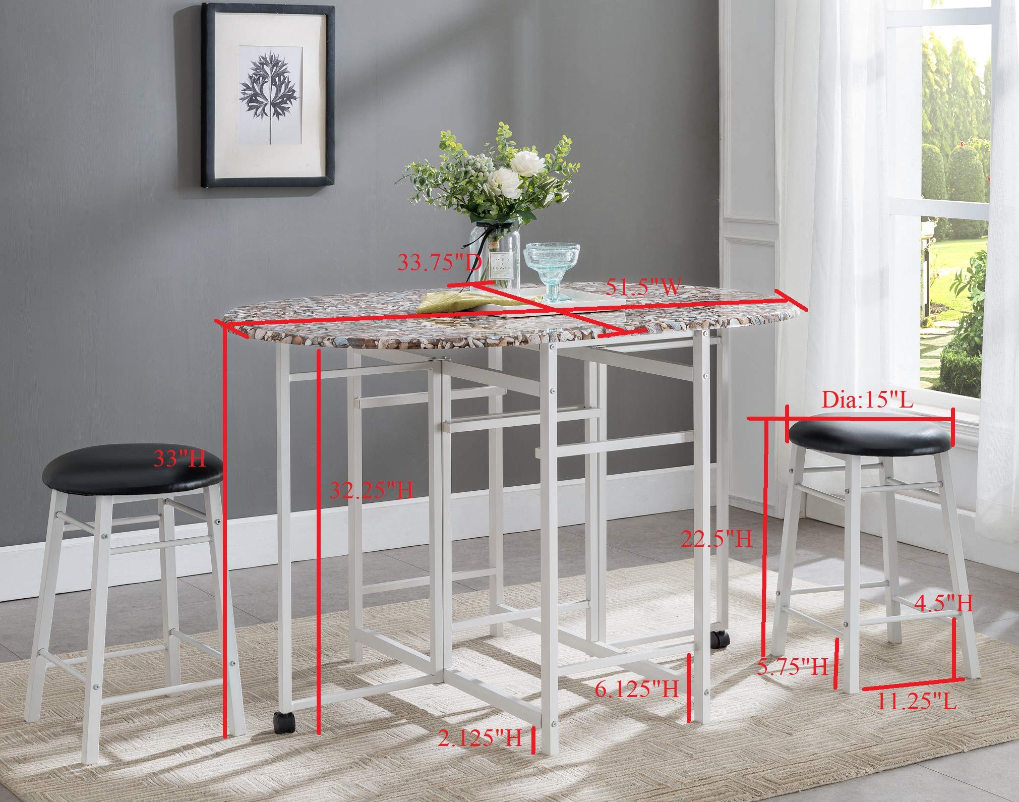 KB Designs - 3 Piece Breakfast Bar Set with Pub Table for Kitchen & Dining Room, White Marble Finish - Perfect for Small Spaces, Breakfast Nooks & Entertaining Guests