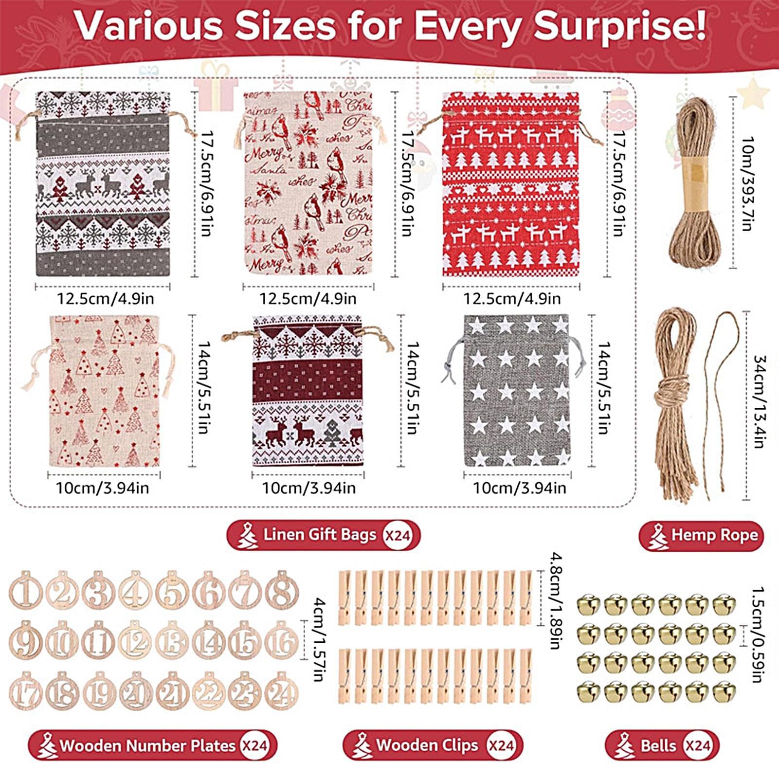 24-Piece DIY Jute Fabric Advent Calendar Bags Set with Clip & Rope - Fillable Christmas Countdown Bags for Holiday Decorations, Gift Wrapping, and Festive Party Favors