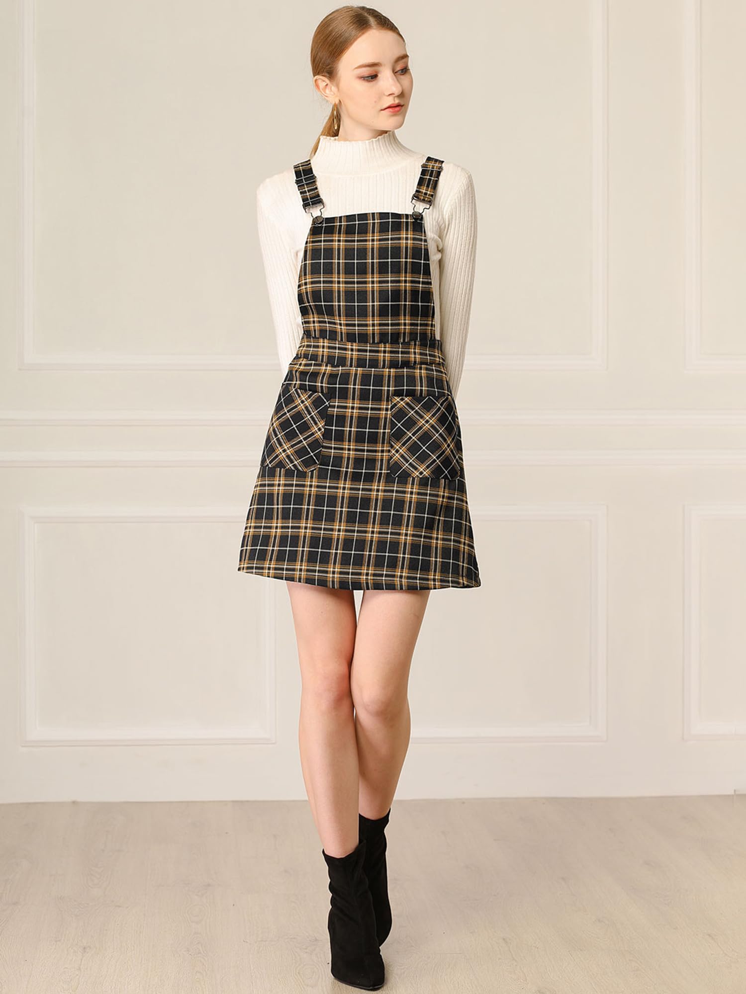 Allegra K Women's Adjustable Strap Plaid Print Above Knee Suspender Dress Skirt - Casual Outfit for Spring, Summer & Fall Fashion