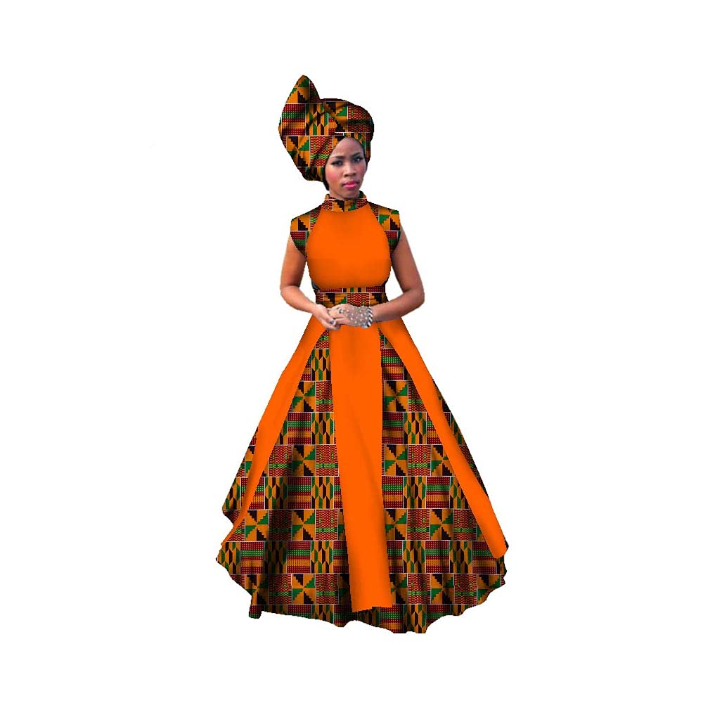 Stylish African Print Maxi Dress for Women - Sleeveless Party Dress with Matching Head Scarf - Plus Size Flowy Summer Outfit for Beach Vacations, Weddings & Cultural Events