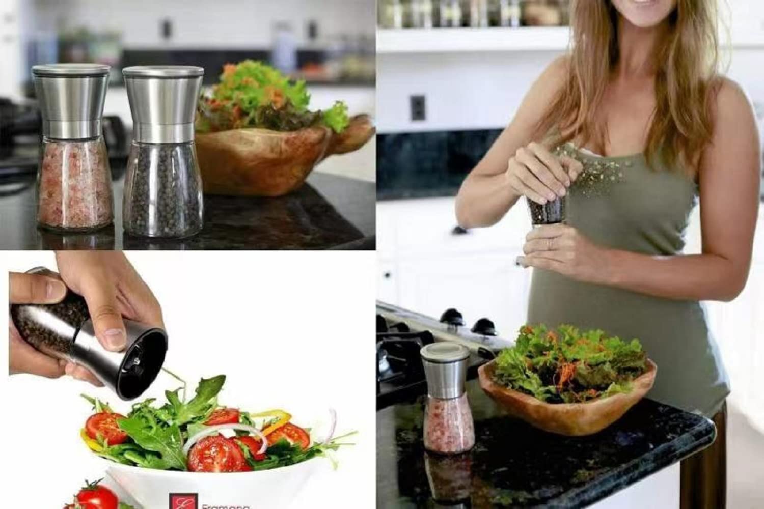 Premium 6OZ Stainless Steel Salt and Pepper Grinder Set - Adjustable Coarseness & Refillable Spice Mill with Sharp Ceramic Blades - Professional Chef Kitchen Tools with Free Wooden Spoon - Perfect for Cooking, Baking & Tabletop Seasoning