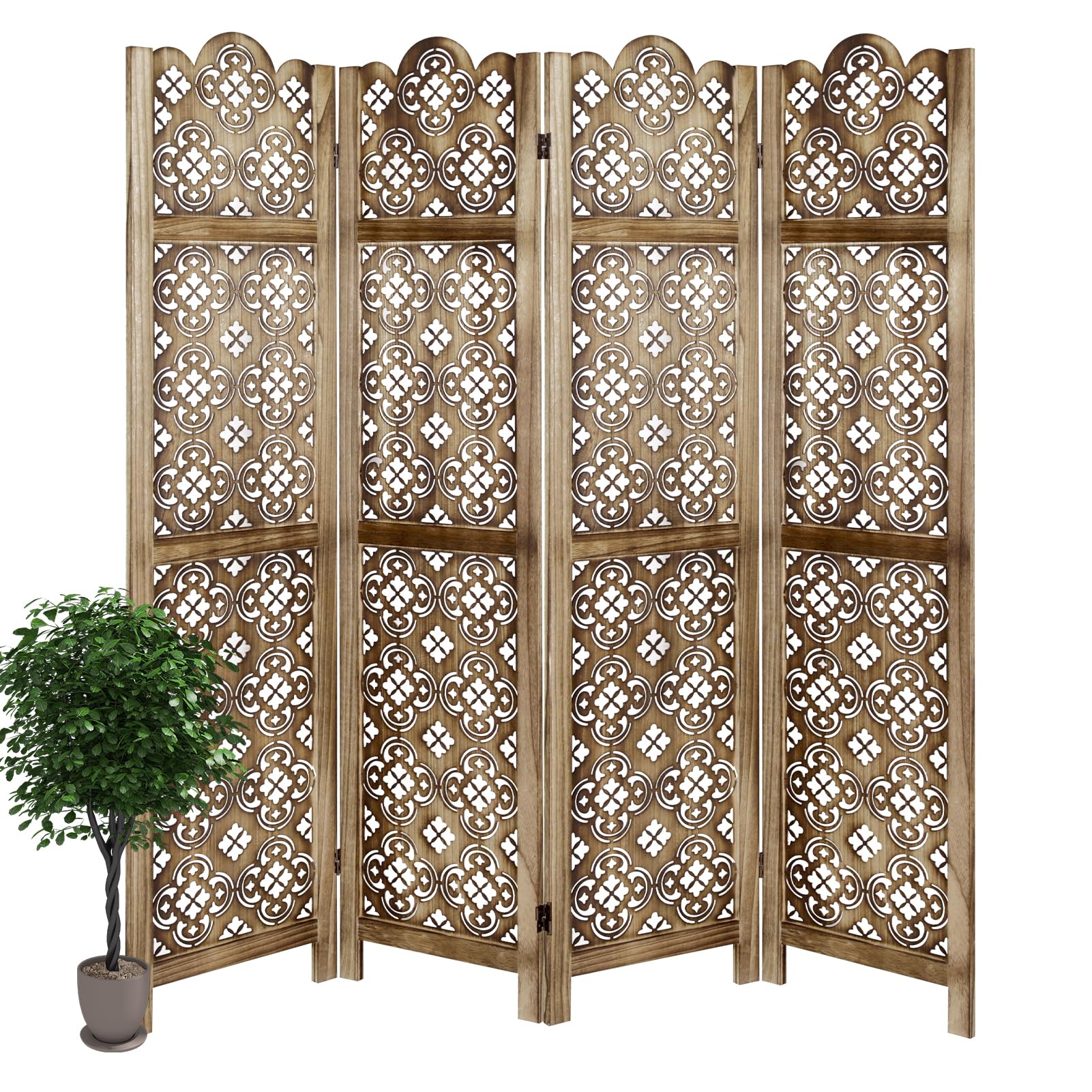 ECOMEX 5.6Ft Wooden Room Divider with 4 Panel Cutout Design - Fully Assembled Folding Screen for Home, Office, Restaurant & Bedroom - Natural Brown Wall Partition for Privacy & Space Decoration