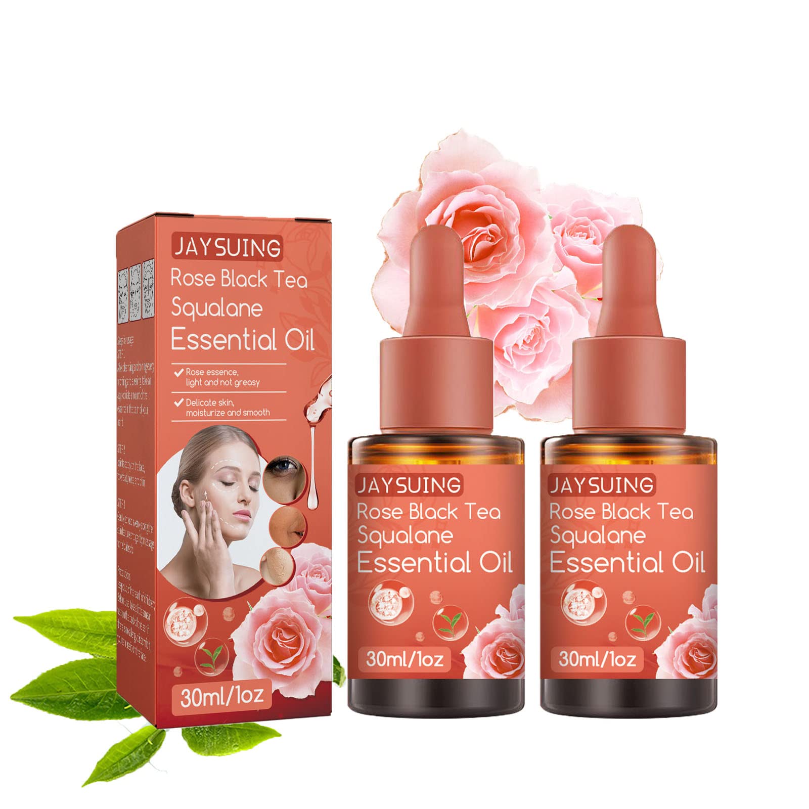 Organic Rose Black Tea Squalane Essential Oil with Hyaluronic Acid - 2 Pack - Deep Moisturizing Facial Oil for Dry & Sensitive Skin - Perfect for Night Routine, Massage & Aromatherapy