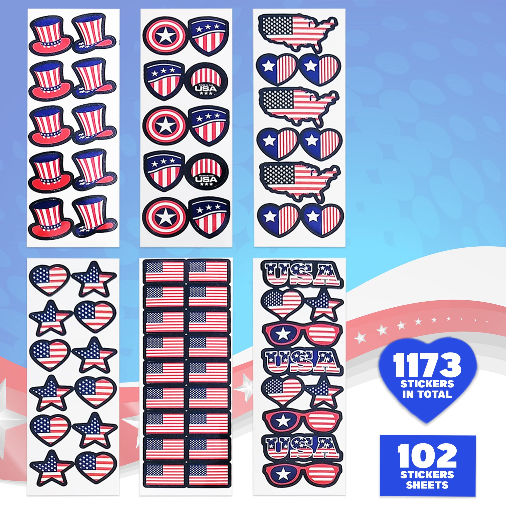 Artcreativity 100-Sheet Patriotic Stickers for Kids - Over 1,000 USA Flag Stickers for Memorial Day Crafts, DIY Decorations & School Projects | Perfect for Scrapbooking, Party Favors & American-Themed Celebrations