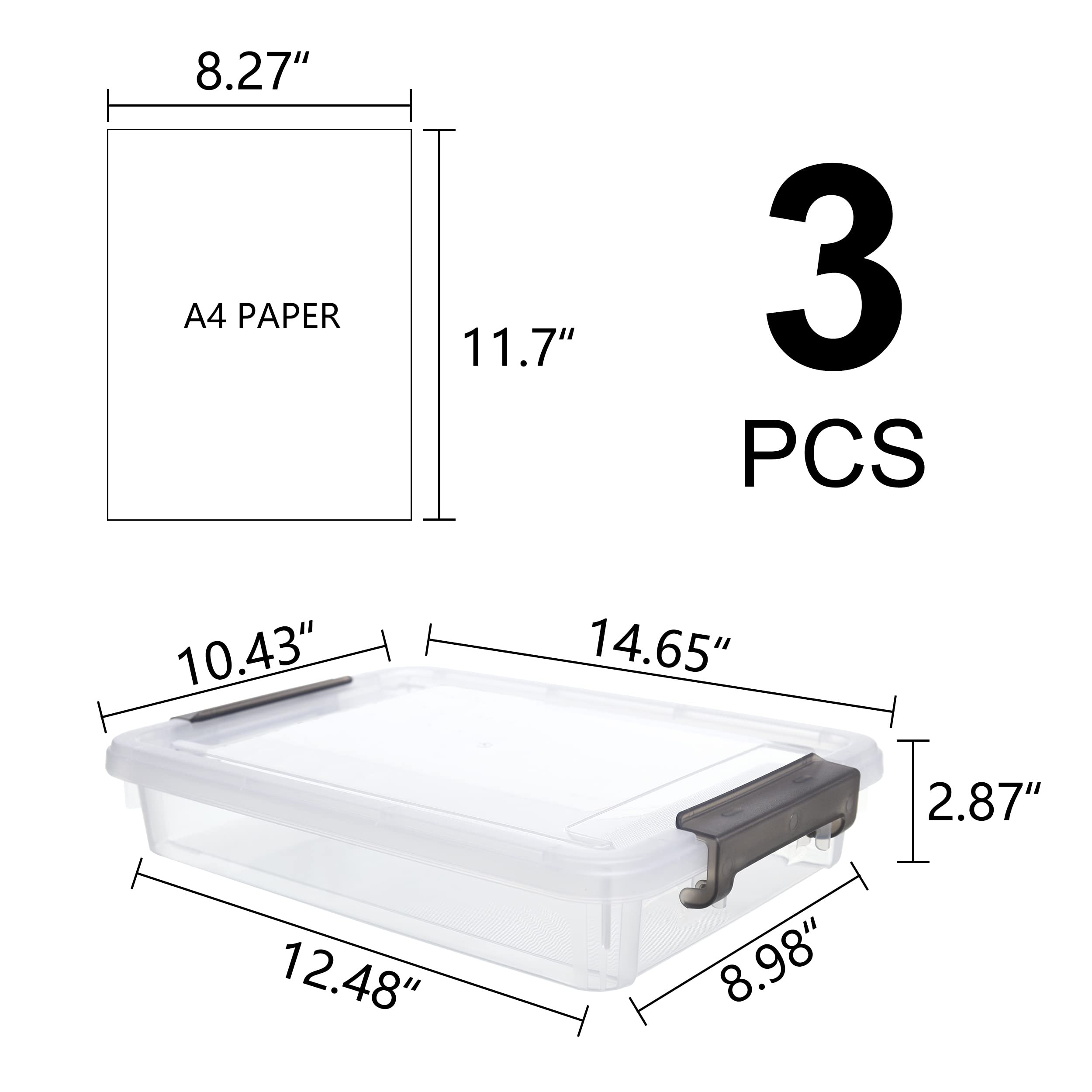 3-Piece Clear Plastic Storage Bins with Latching Lids - Stackable A4 File Box Organizer for Documents, Photos, Scrapbooks | Portable Project Case for Office, Home & Craft Room Organization