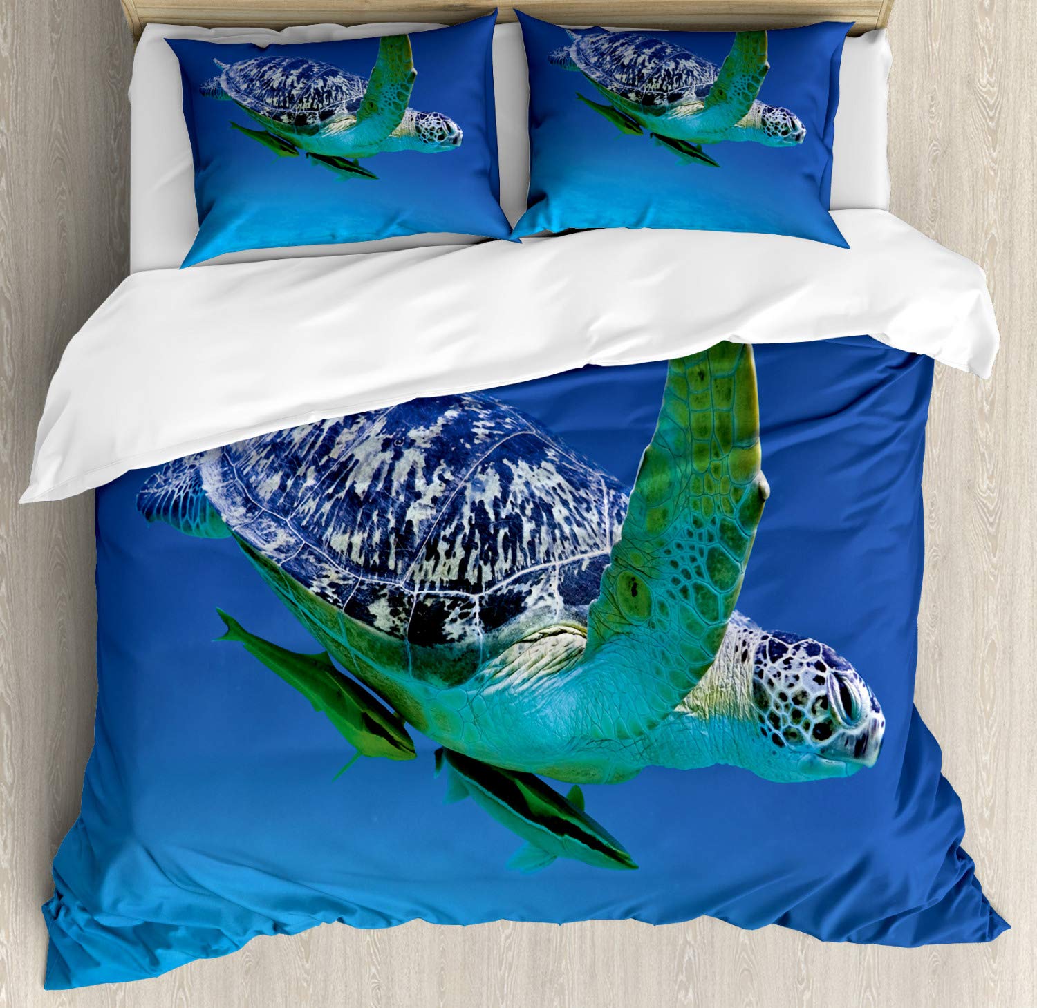 Ambesonne Turtle Duvet Cover Set | 3-Piece Aquatic Theme Bedding with 2 Pillow Shams | Tropical Sea Animal Print in Violet Blue & Fern Green | California King Size | Perfect for Beach House, Kids Room & Ocean-Themed Decor