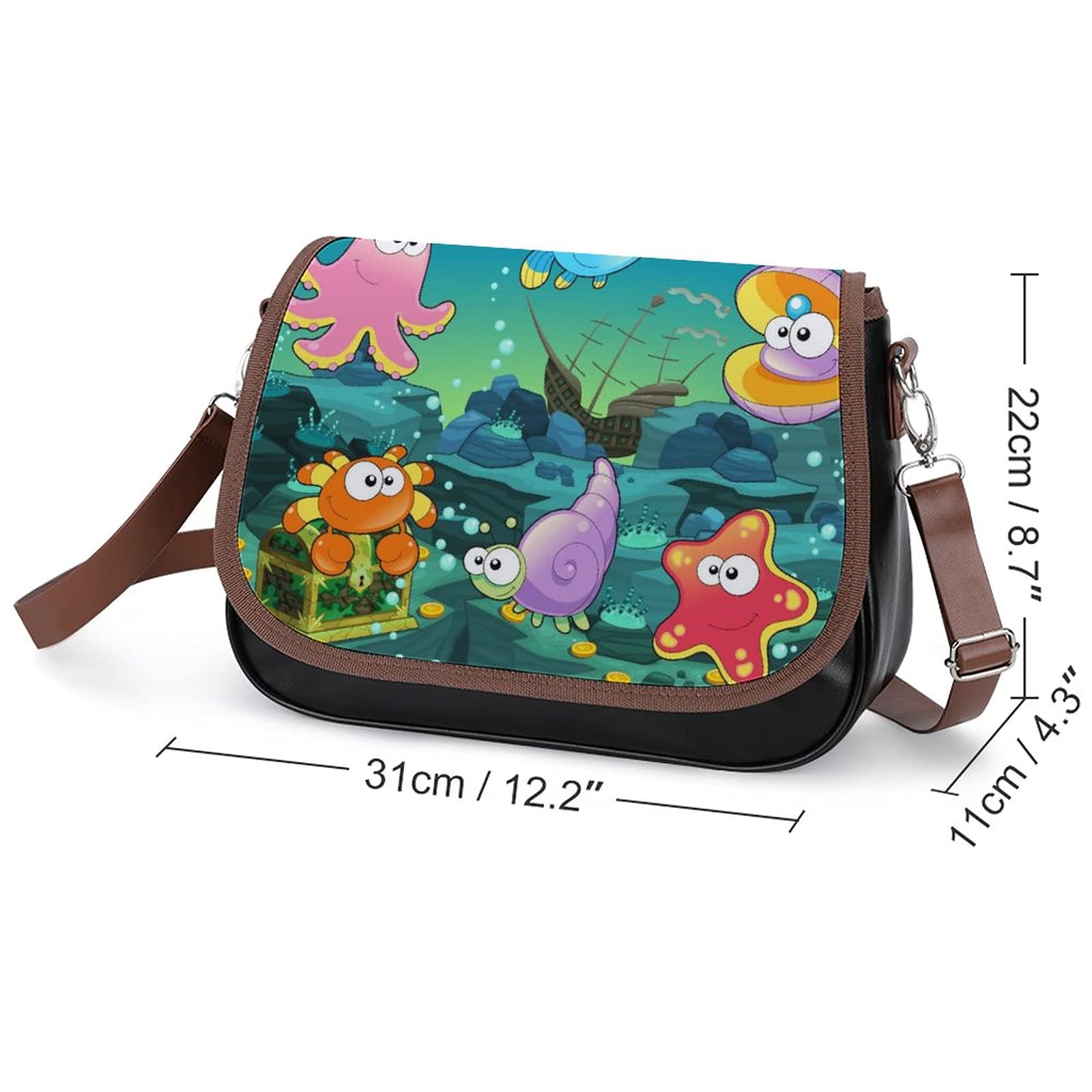 Stylish Printed Leather Crossbody Bags for Women - Designer Shoulder Messenger Satchels with Cartoon Sea Creatures Pattern | Perfect for Travel, Shopping & Daily Use
