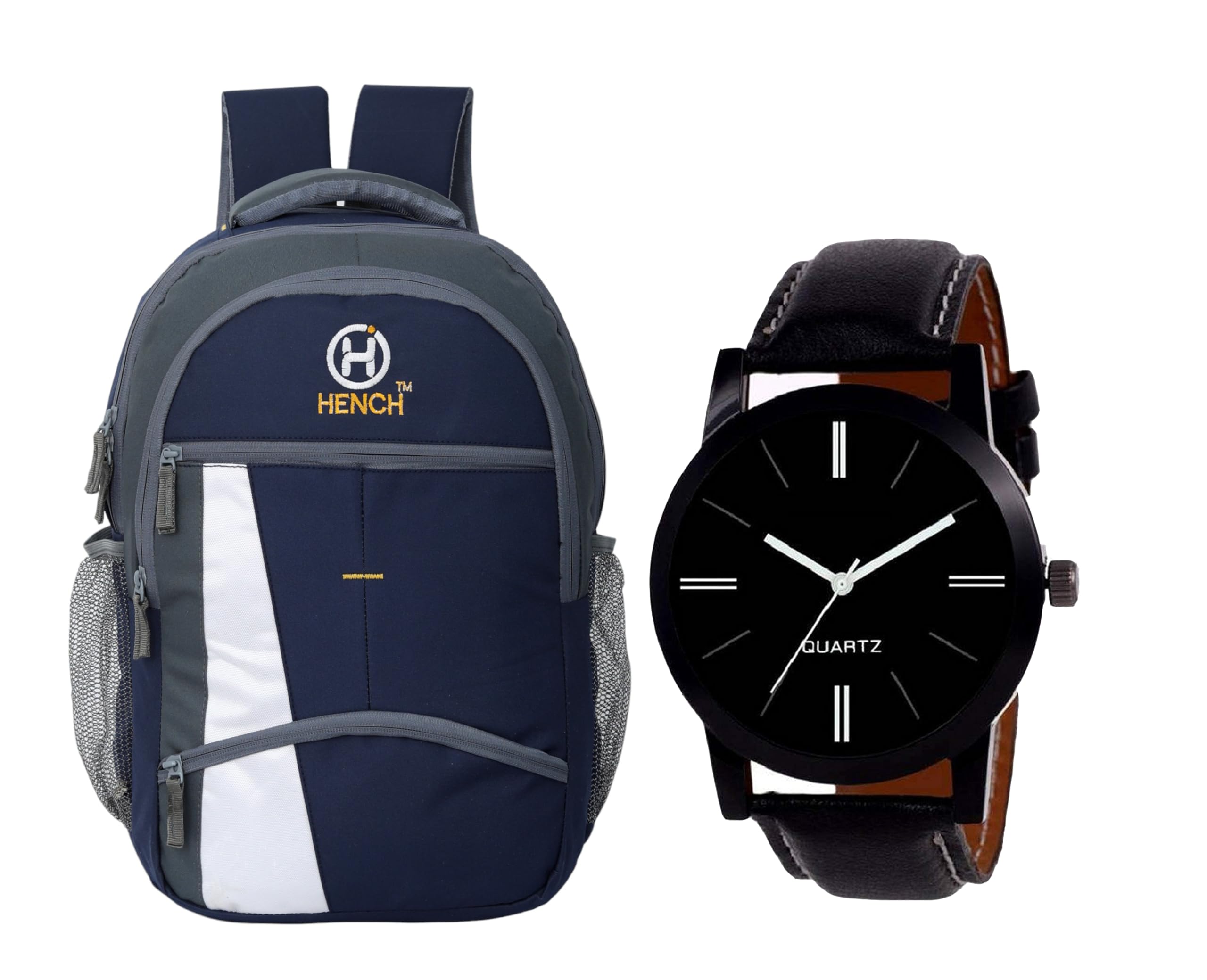 Waterproof School Backpack for College Students - Durable Laptop Bag with Analog Watch for Men & Women (Navy Blue) - Perfect for School, Travel & Outdoor Activities